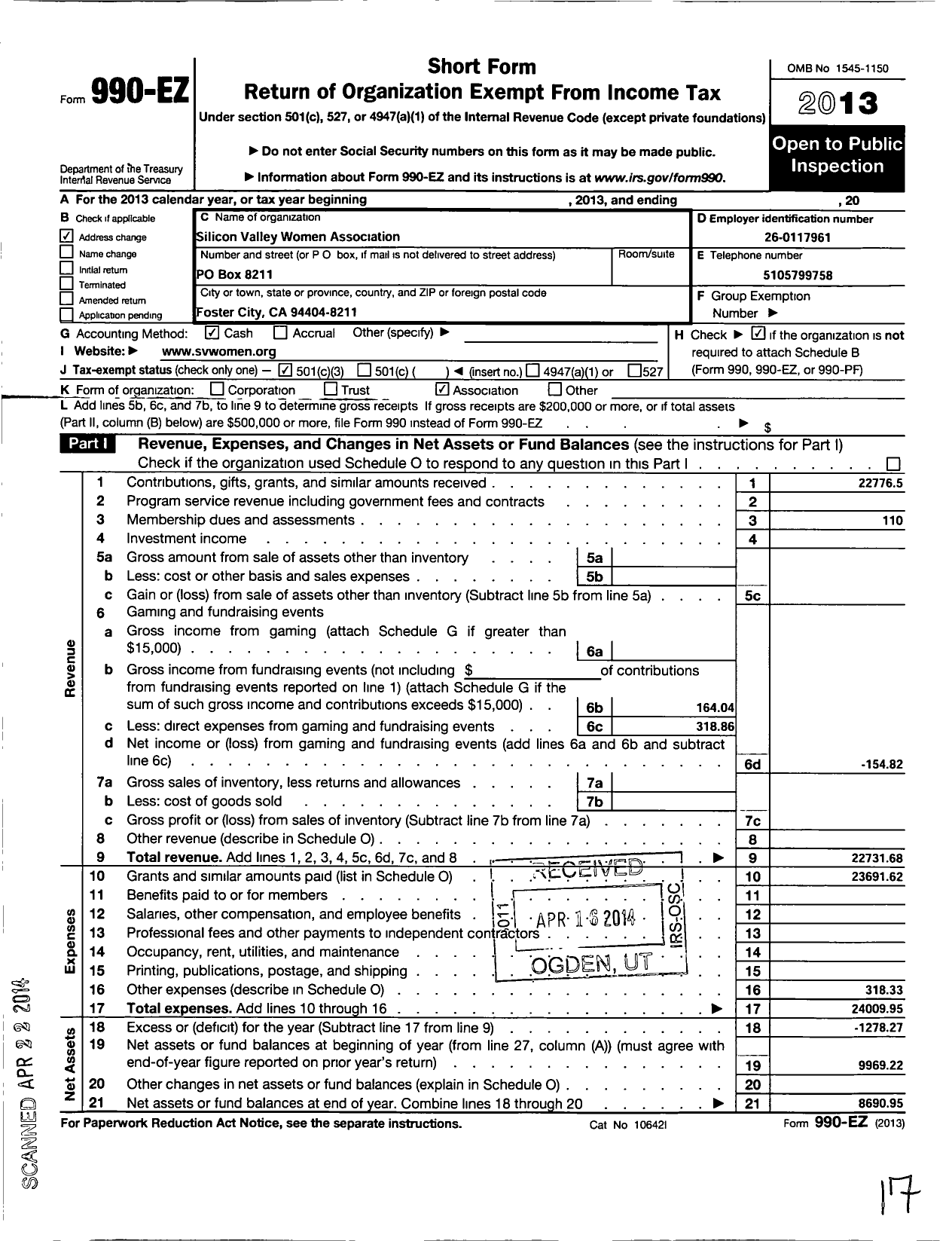 Image of first page of 2013 Form 990EZ for Silicon Valley Women Alliance (SVWA)