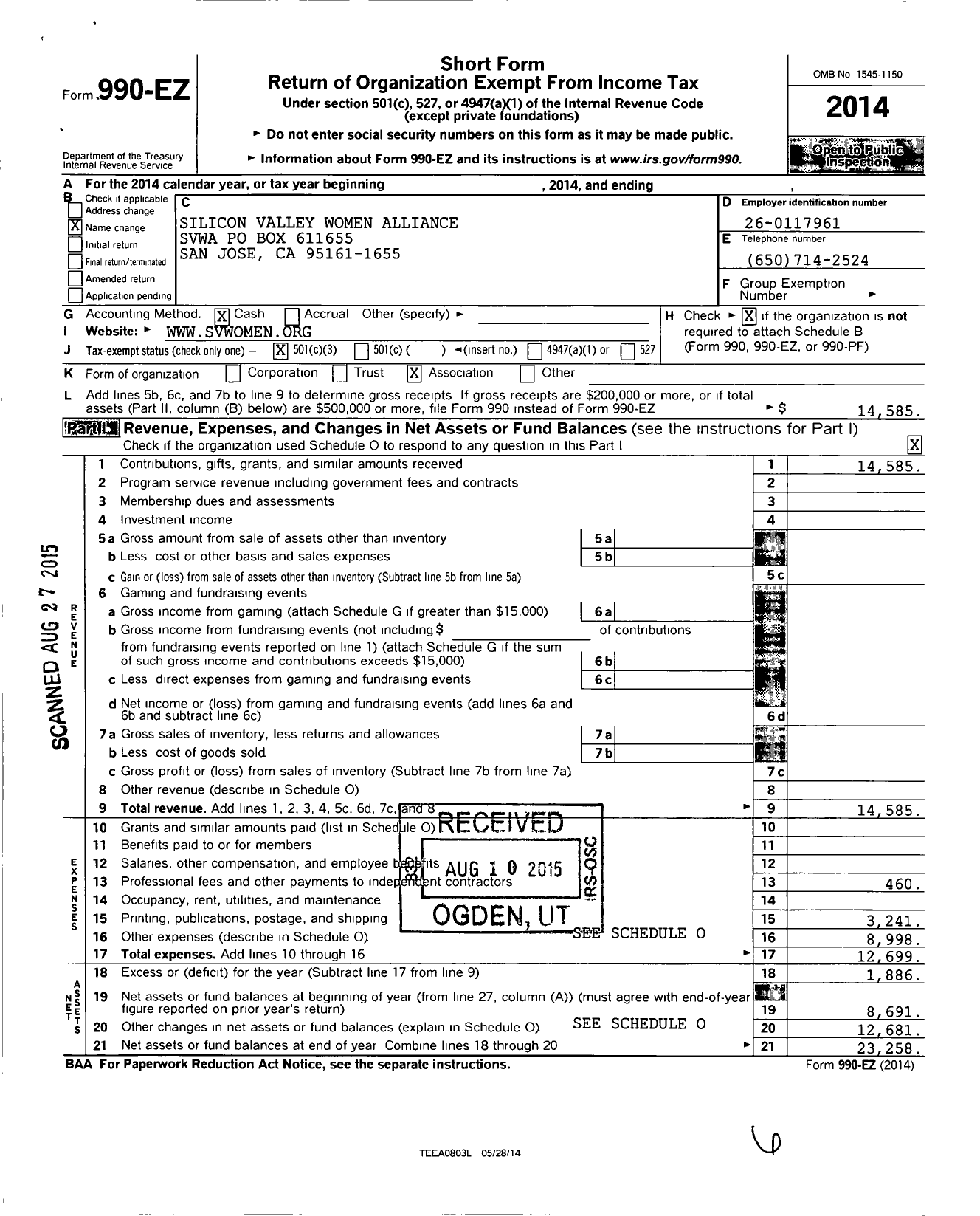 Image of first page of 2014 Form 990EZ for Silicon Valley Women Alliance (SVWA)