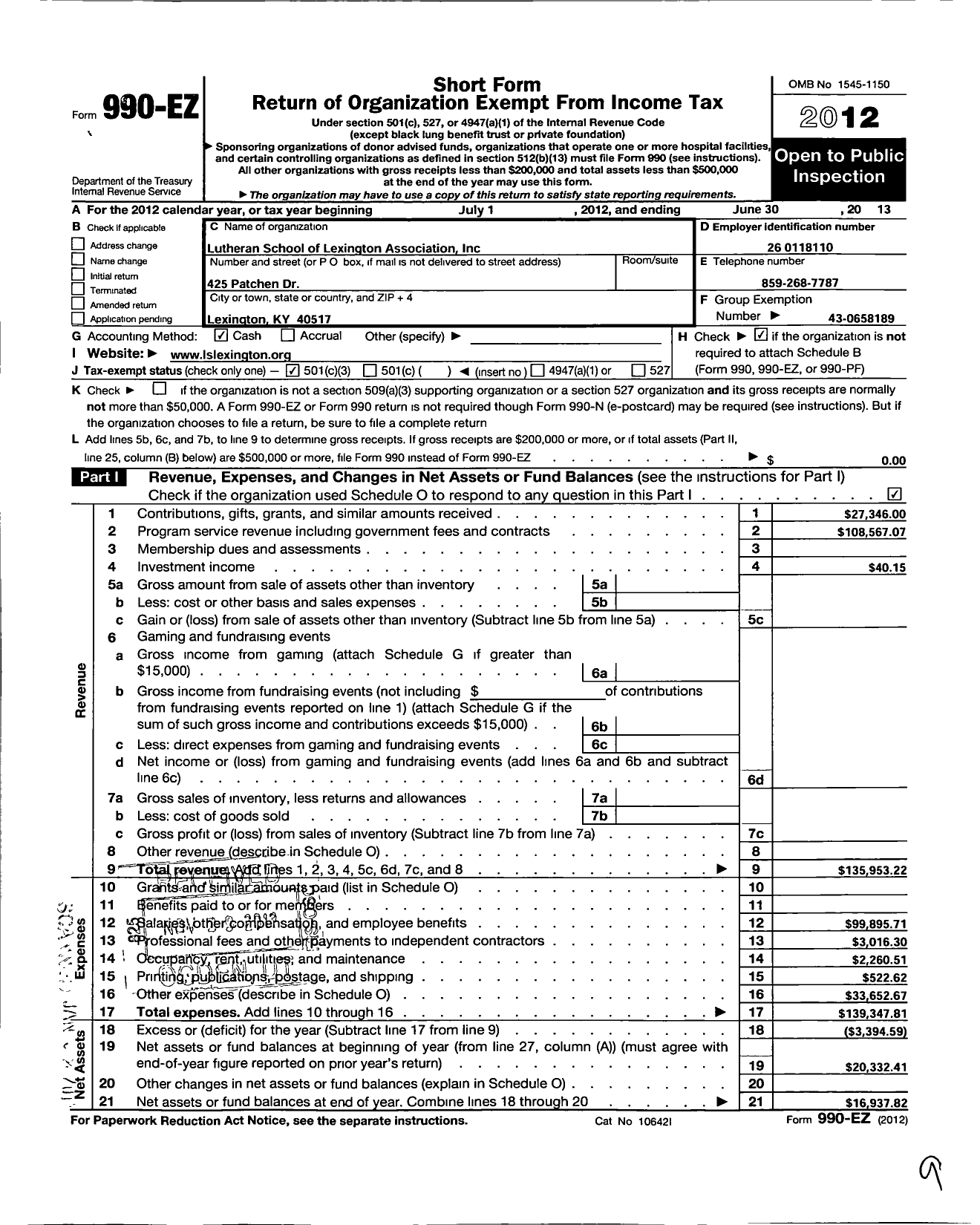 Image of first page of 2012 Form 990EZ for Lutheran School of Lexington Association