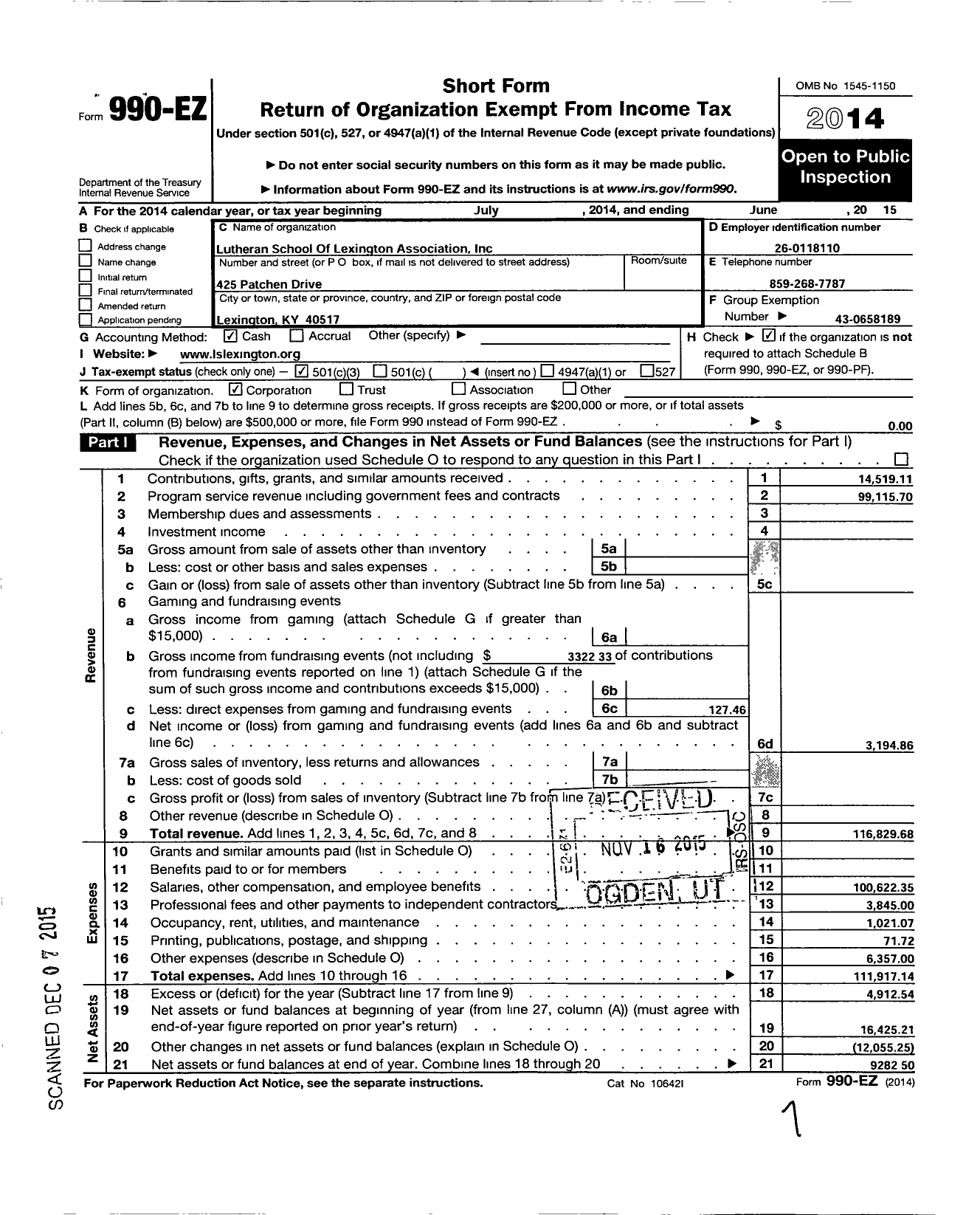 Image of first page of 2014 Form 990EZ for Lutheran School of Lexington Association