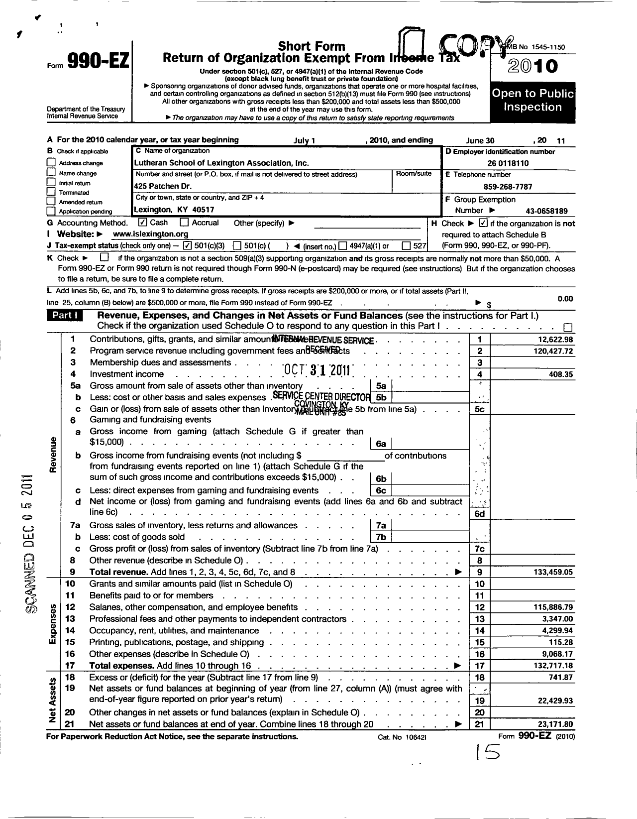 Image of first page of 2010 Form 990EZ for Lutheran School of Lexington Association