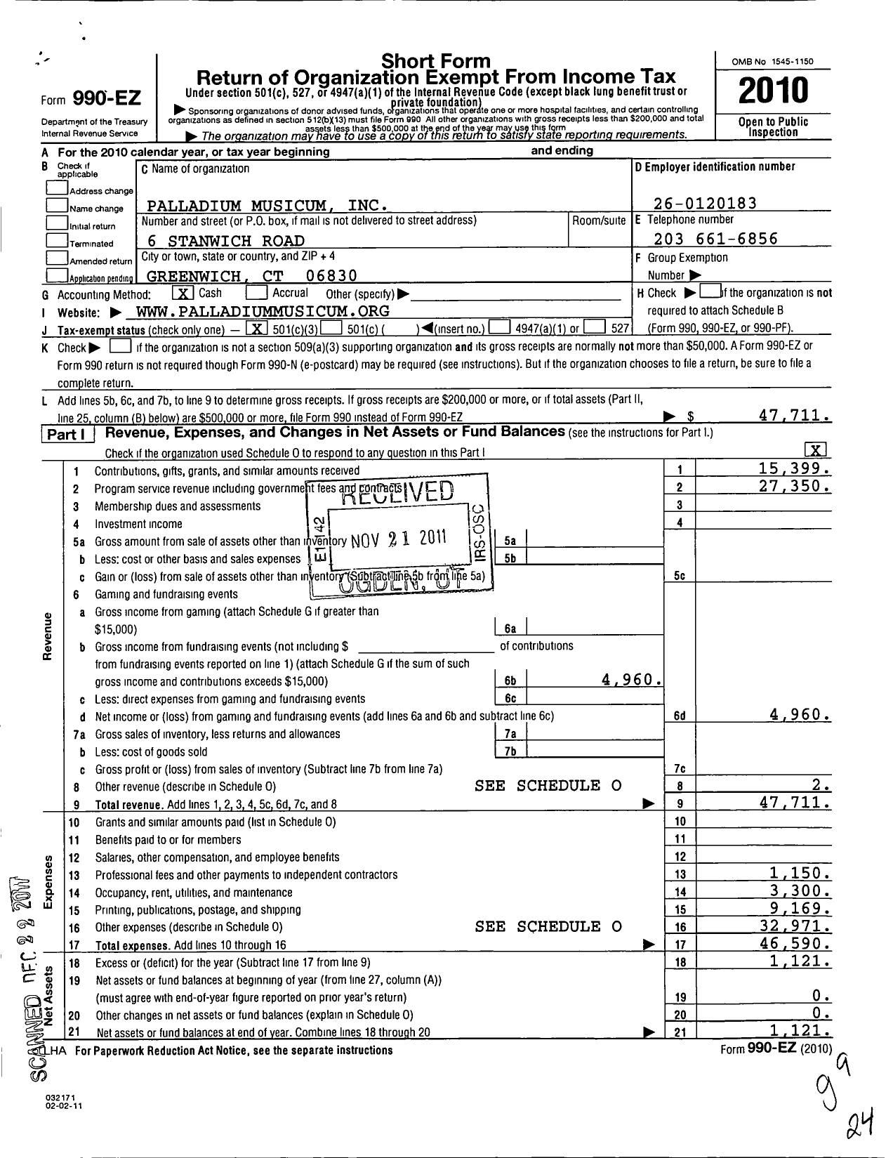 Image of first page of 2010 Form 990EZ for Palladium Musicum