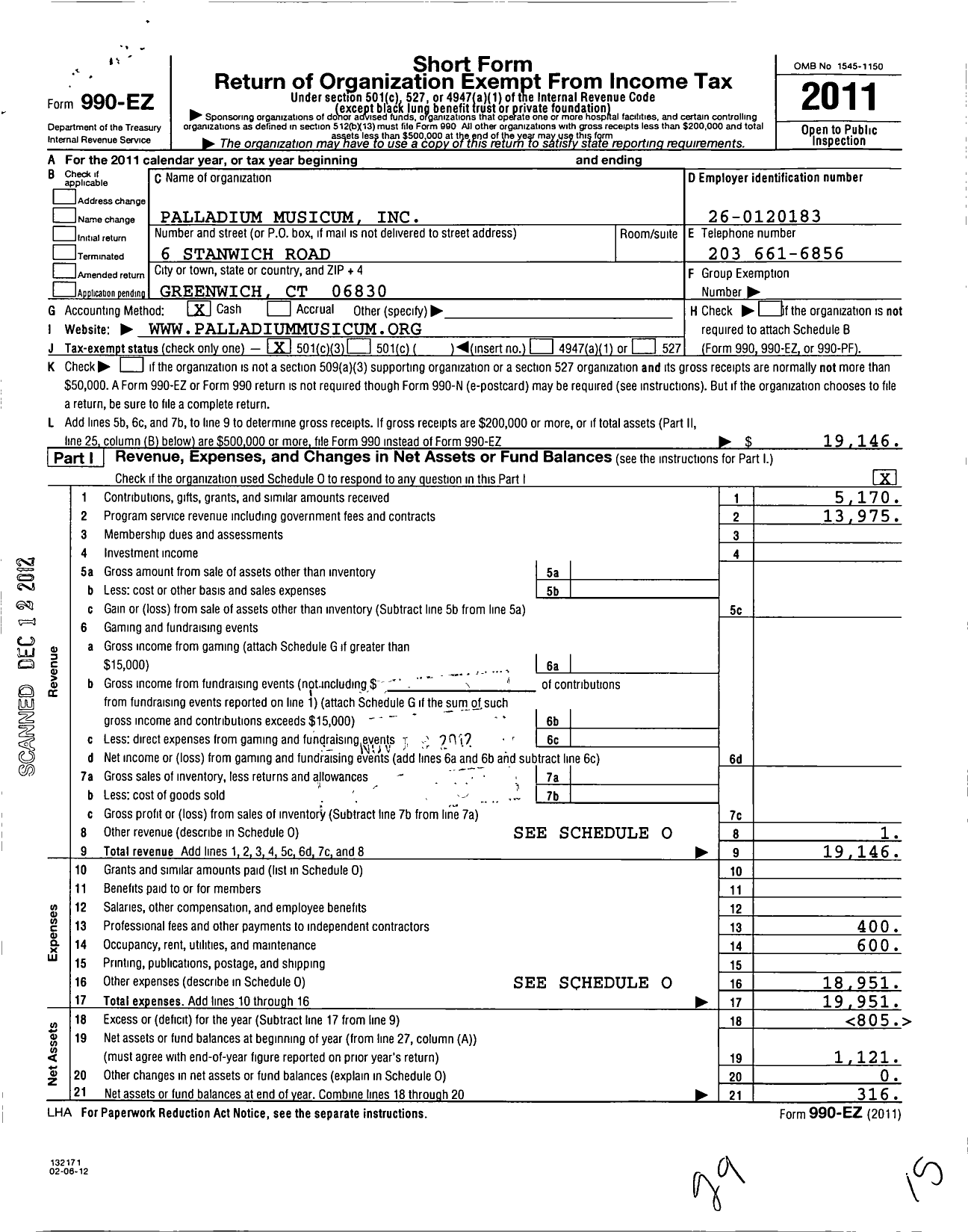 Image of first page of 2011 Form 990EZ for Palladium Musicum