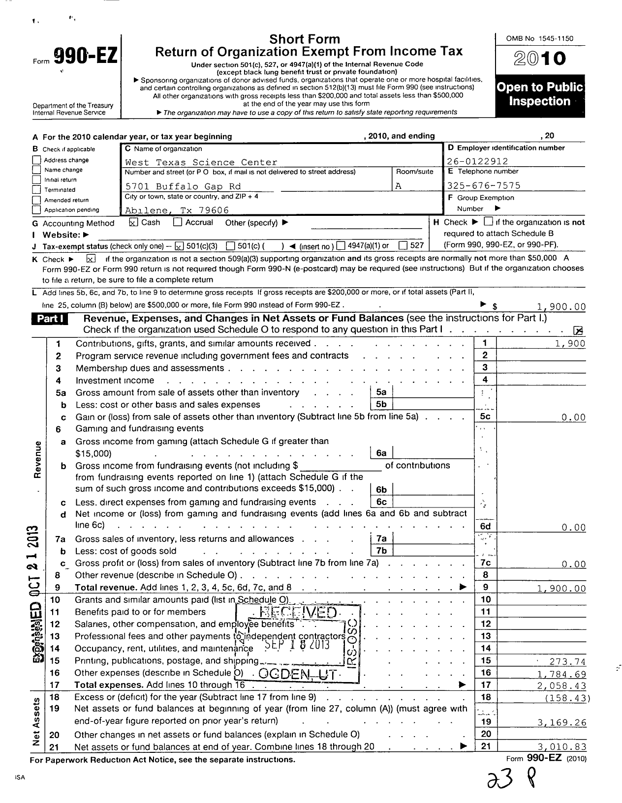 Image of first page of 2010 Form 990EZ for West Texas Science Center