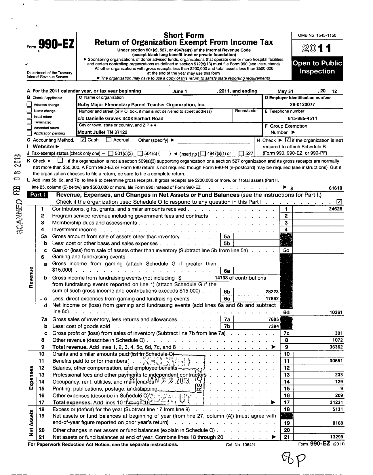 Image of first page of 2011 Form 990EO for Ruby Major Elementary Parent Teacher Organization