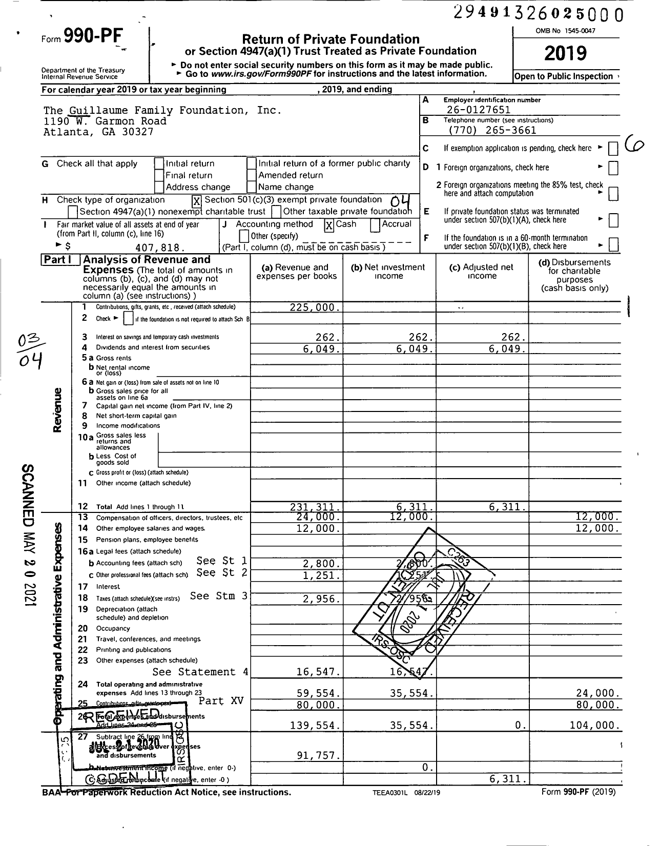 Image of first page of 2019 Form 990PF for The Guillaume Family Foundation