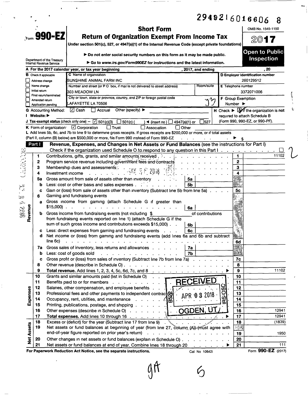 Image of first page of 2017 Form 990EZ for Sunshine Animal Farm