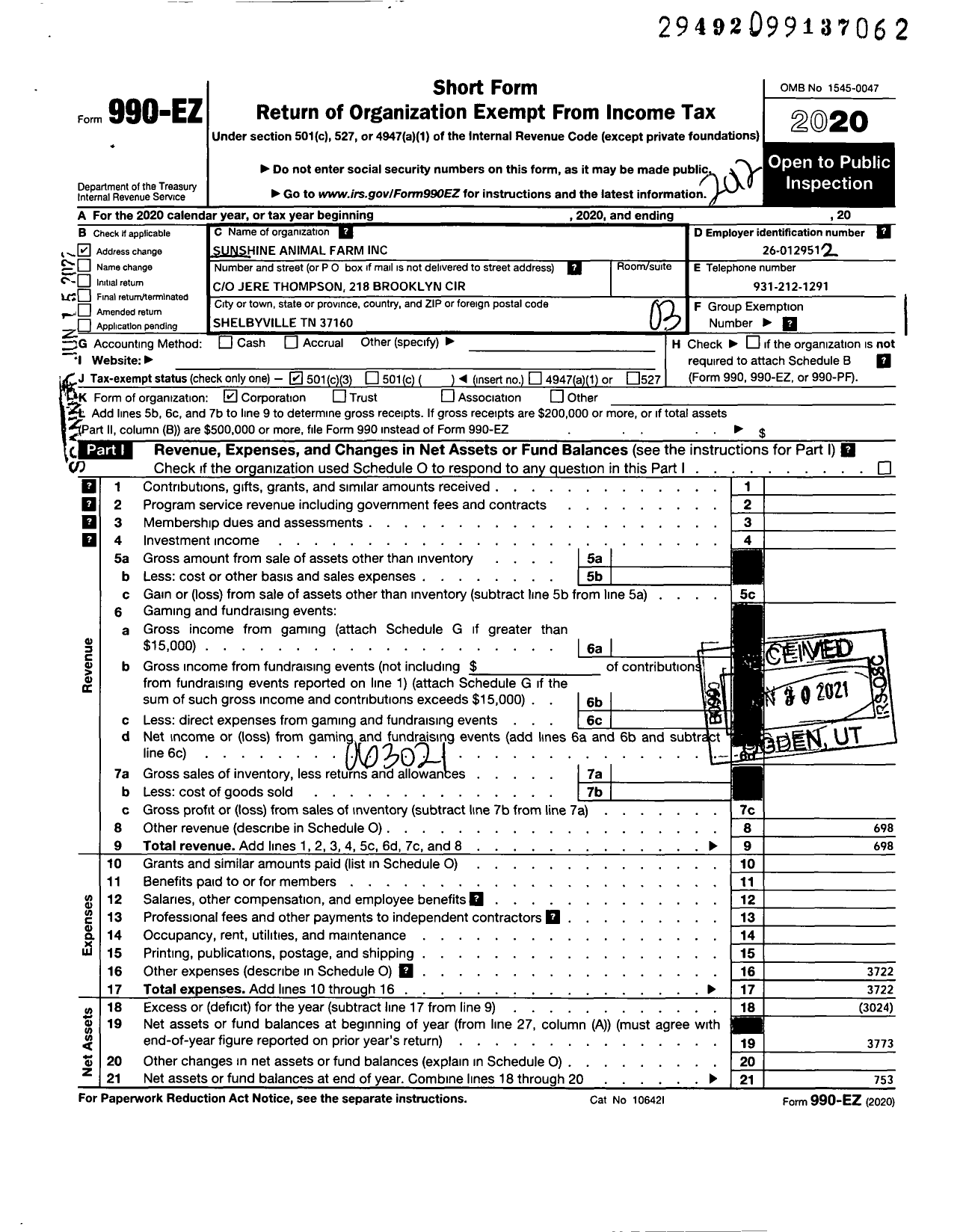 Image of first page of 2020 Form 990EZ for Sunshine Animal Farm