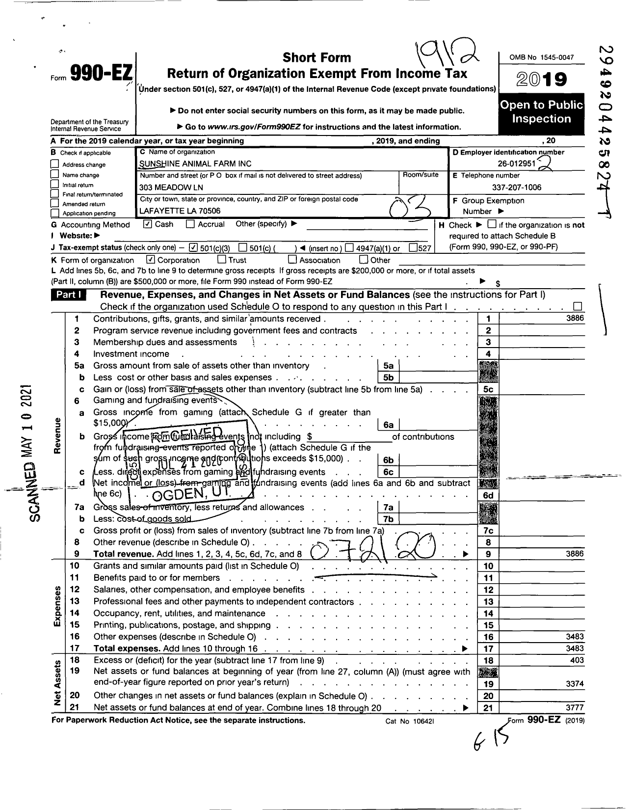 Image of first page of 2019 Form 990EZ for Sunshine Animal Farm