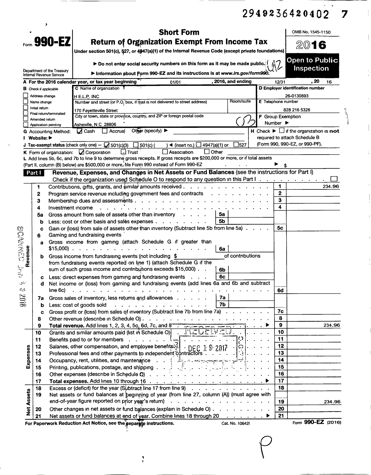 Image of first page of 2016 Form 990EZ for Hands Enriching Lives Positively