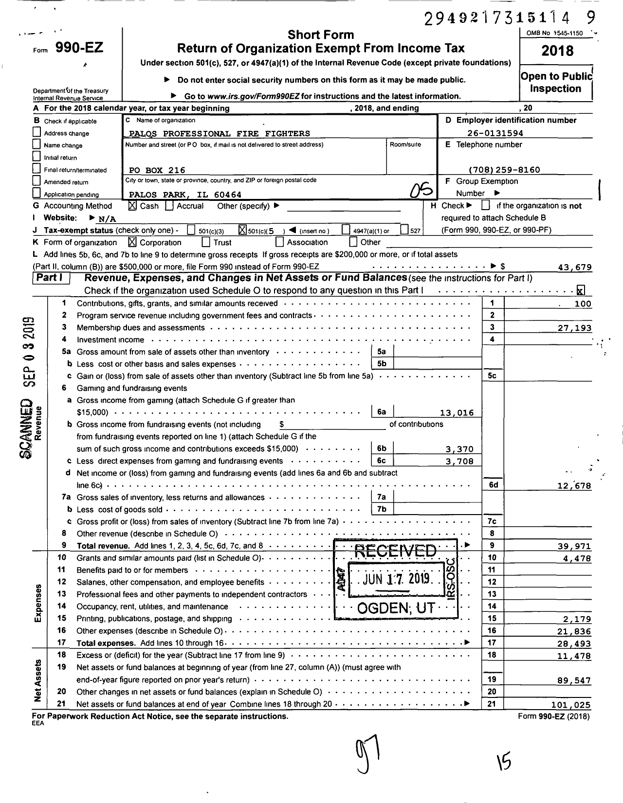 Image of first page of 2018 Form 990EO for International Association of Fire Fighters - Palos Professional Fire Fighters