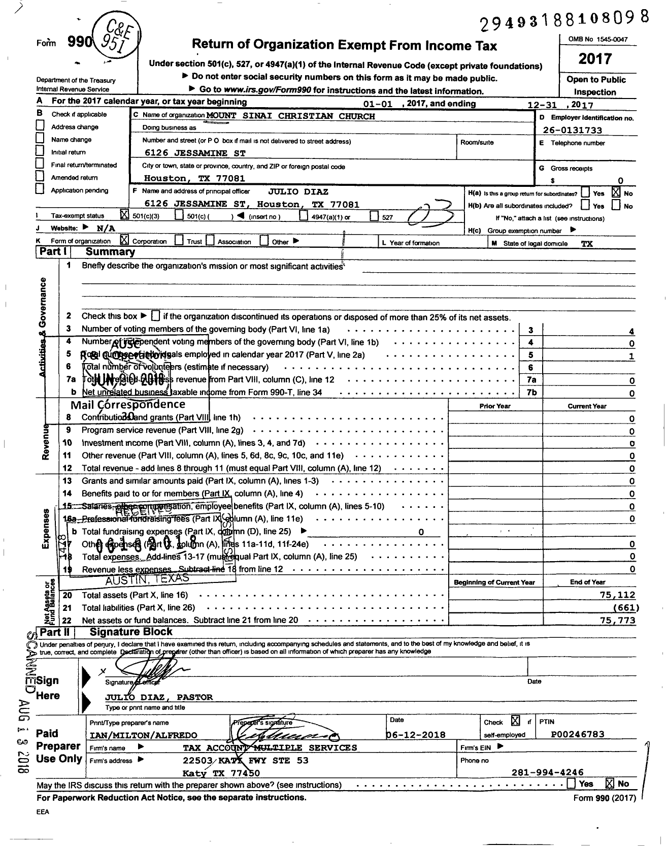 Image of first page of 2017 Form 990 for Mount Sinai Christian Church