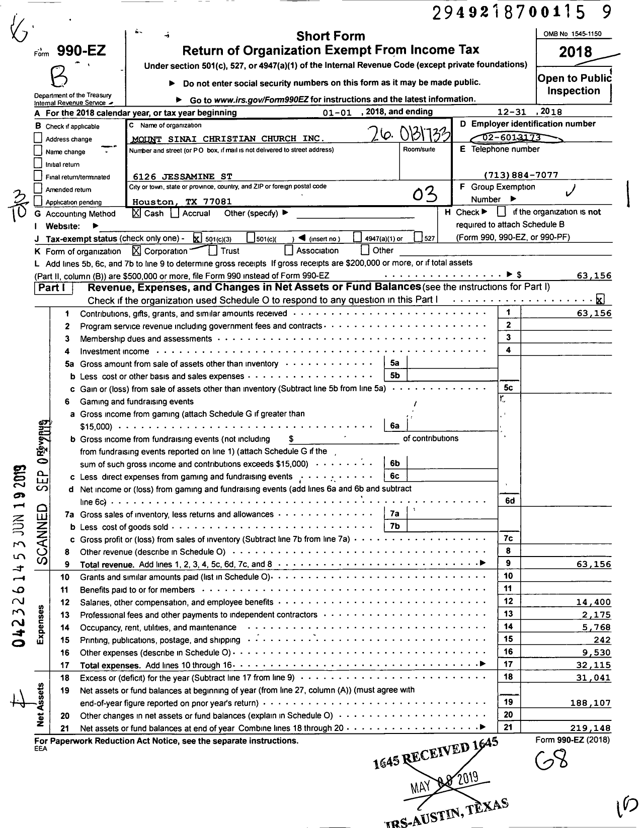 Image of first page of 2018 Form 990EZ for Mount Sinai Christian Church