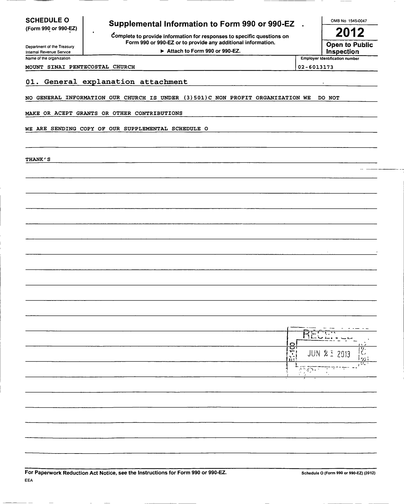 Image of first page of 2012 Form 990R for Mount Sinai Christian Church