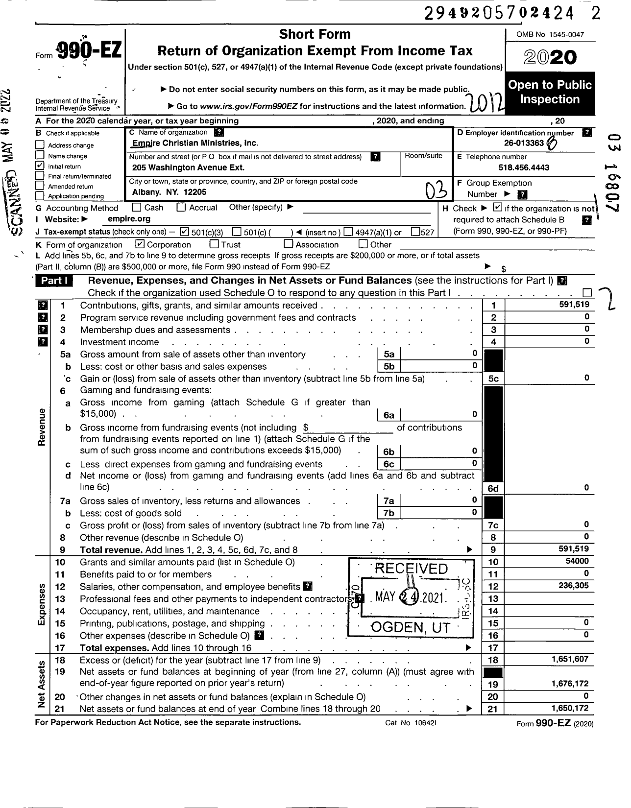 Image of first page of 2020 Form 990EZ for Empire Christian Ministries