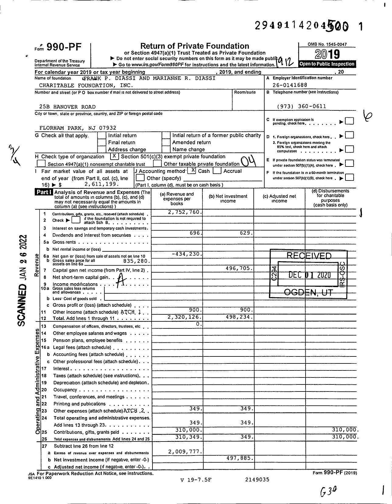 Image of first page of 2019 Form 990PF for Frank P Diassi and Marianne R Diassi Charitable Foundation