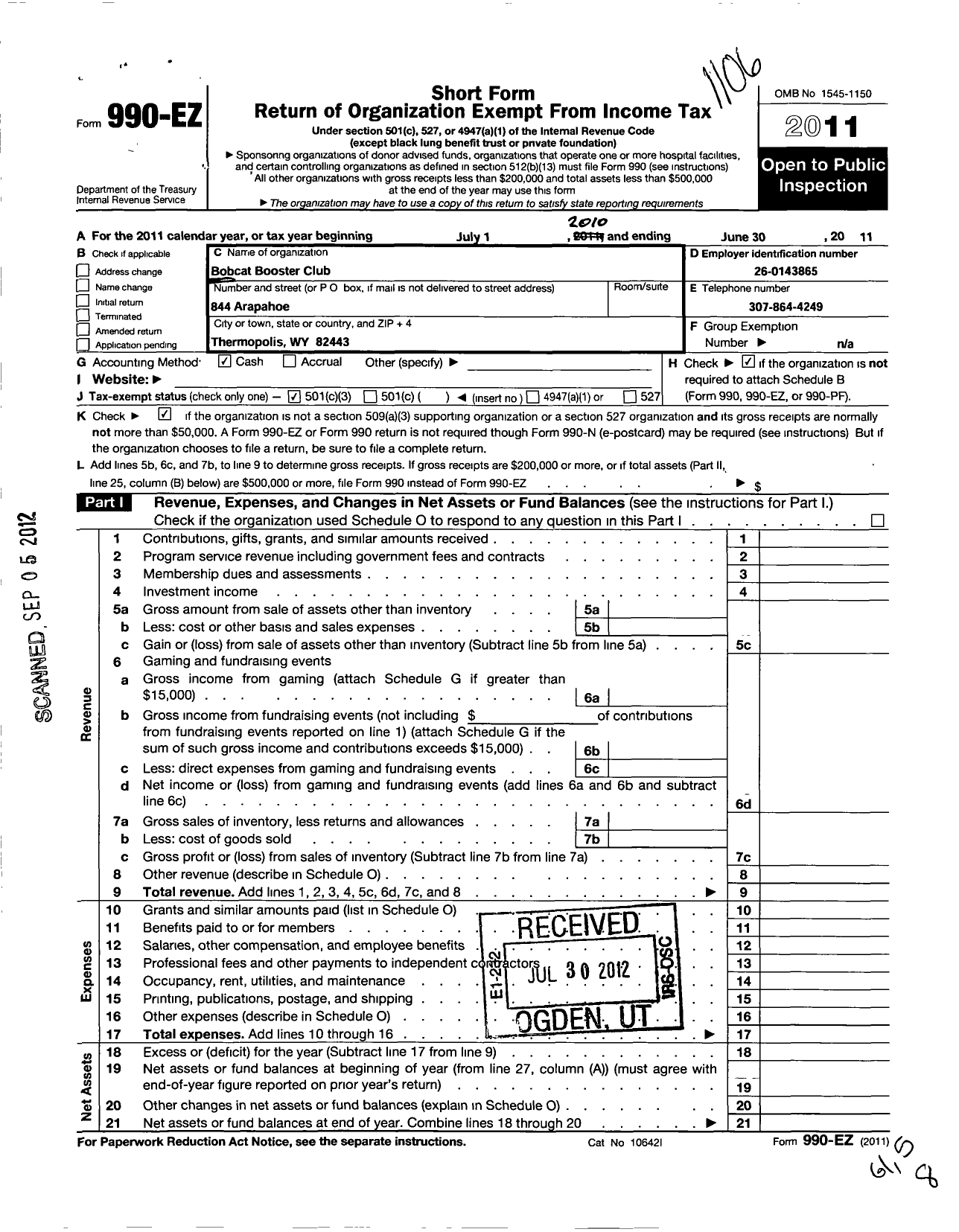 Image of first page of 2010 Form 990EZ for Bobcat Booster Club