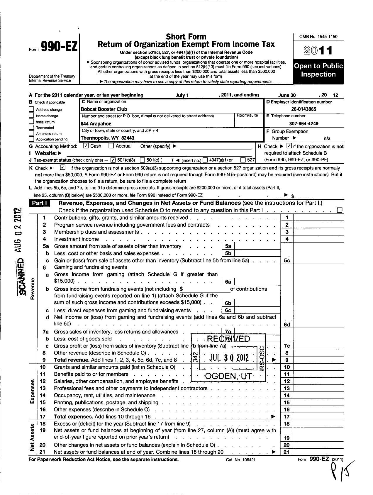 Image of first page of 2011 Form 990EZ for Bobcat Booster Club