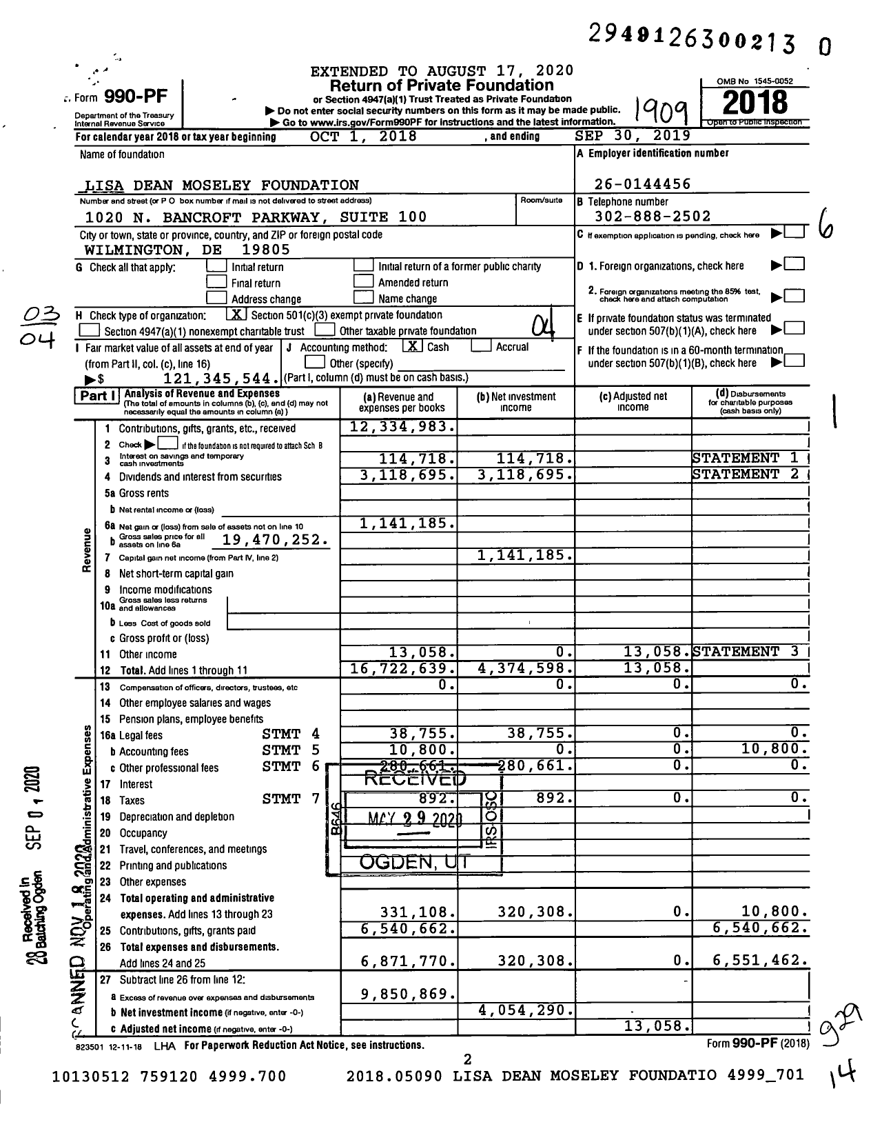 Image of first page of 2018 Form 990PF for Lisa Dean Moseley Foundation