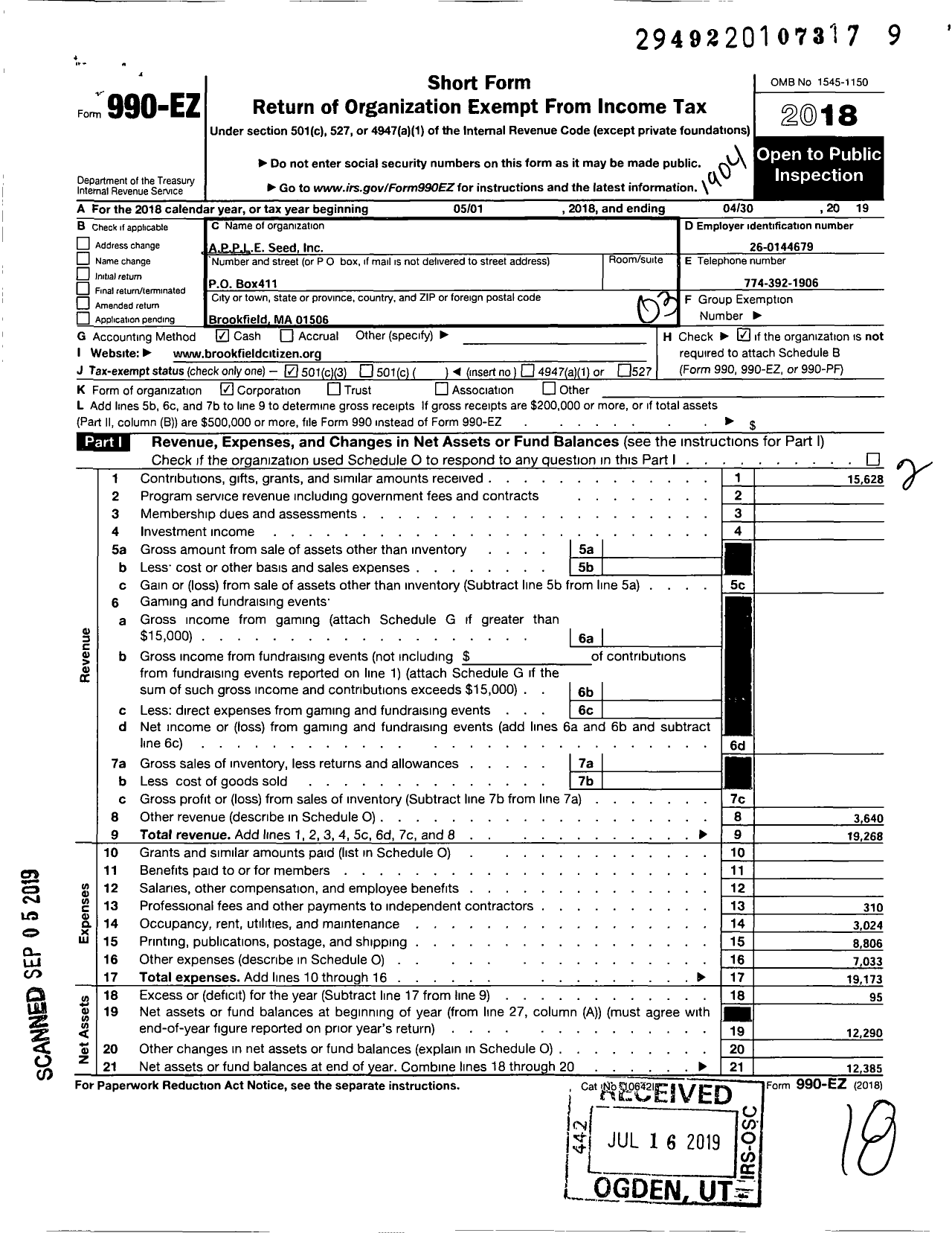 Image of first page of 2018 Form 990EZ for A P P L E Seed