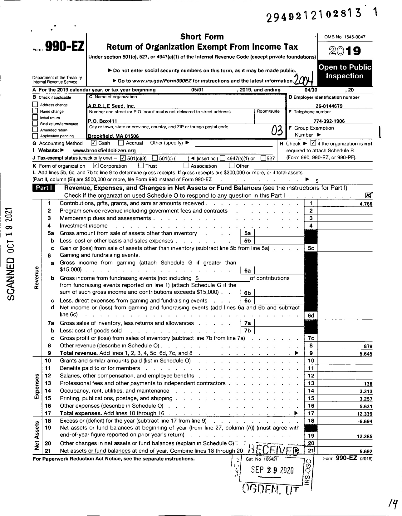 Image of first page of 2019 Form 990EZ for A P P L E Seed