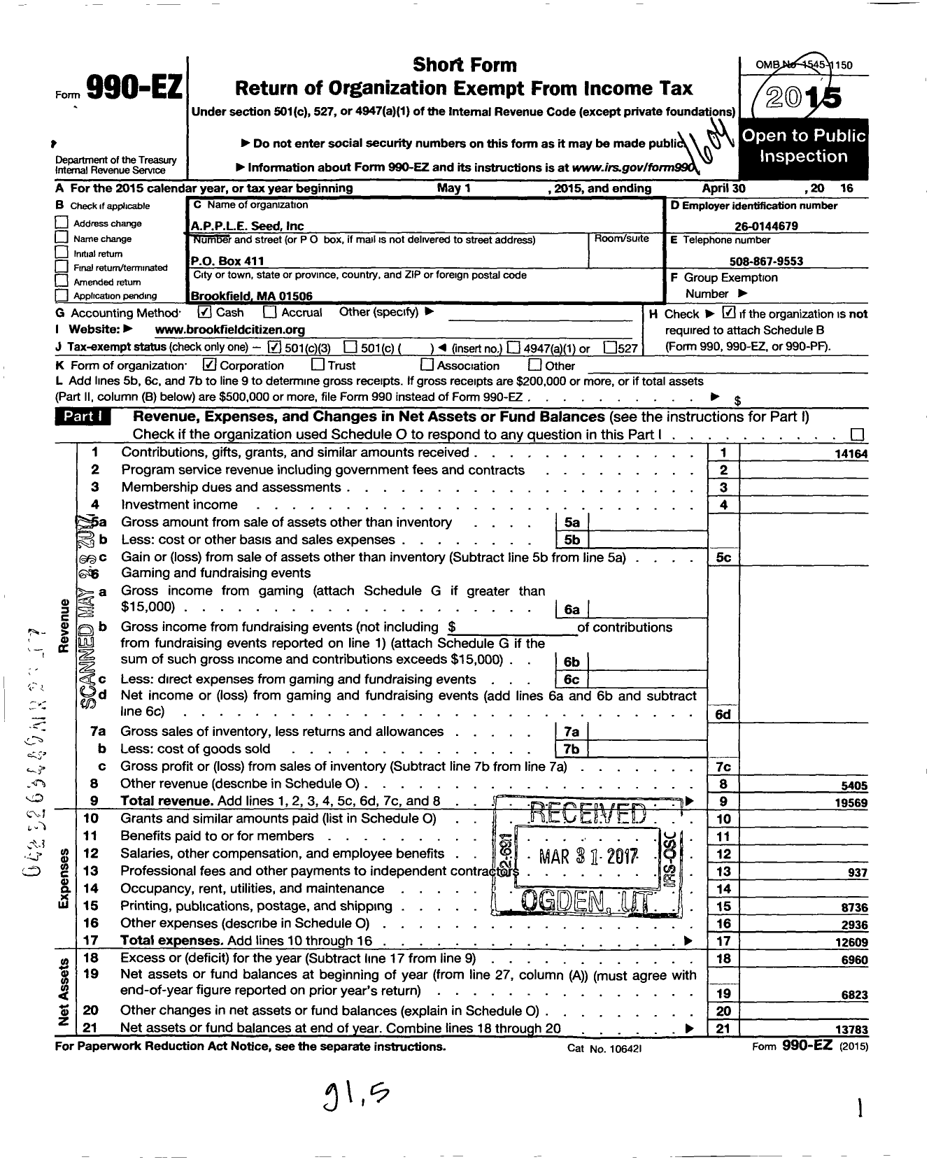 Image of first page of 2015 Form 990EZ for A P P L E Seed