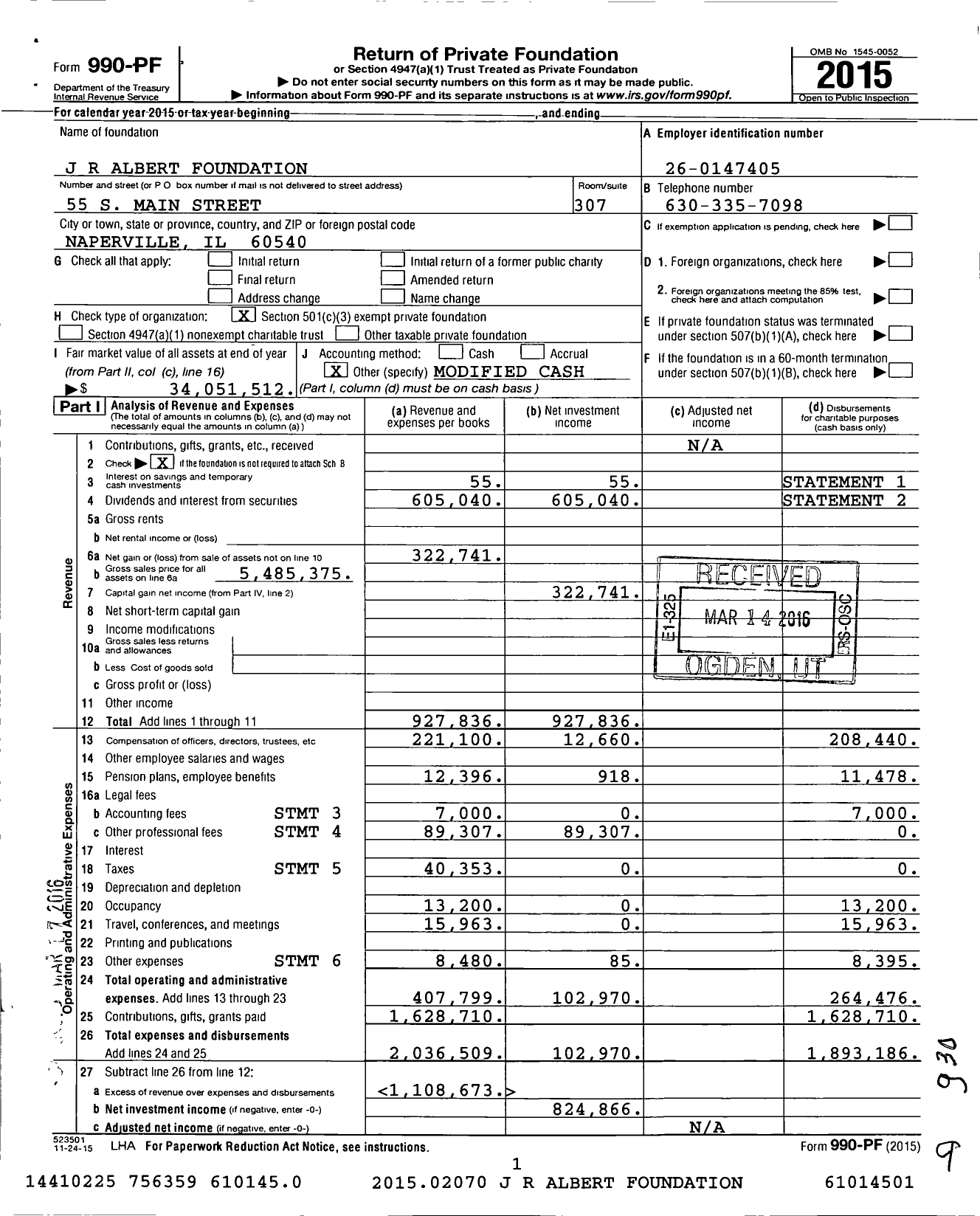 Image of first page of 2015 Form 990PF for J R Albert Foundation
