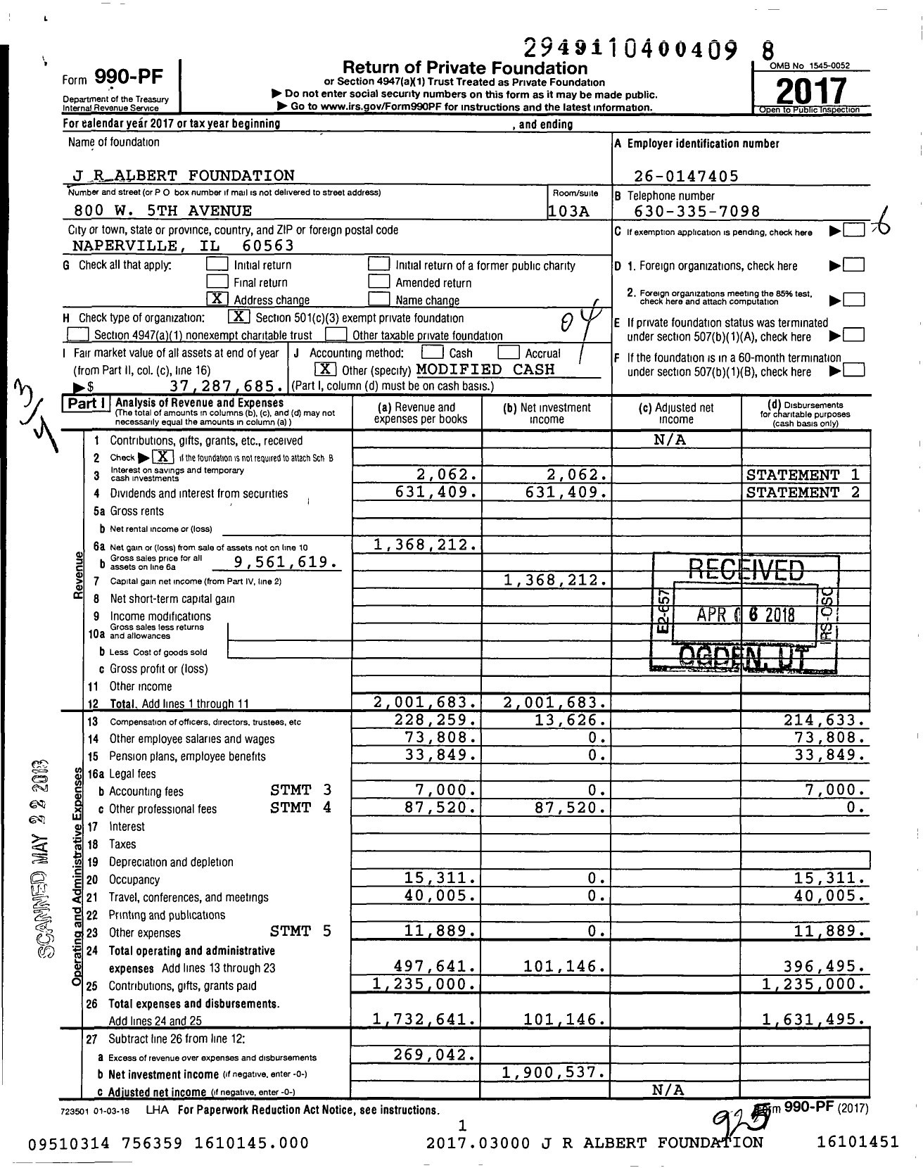 Image of first page of 2017 Form 990PF for J R Albert Foundation
