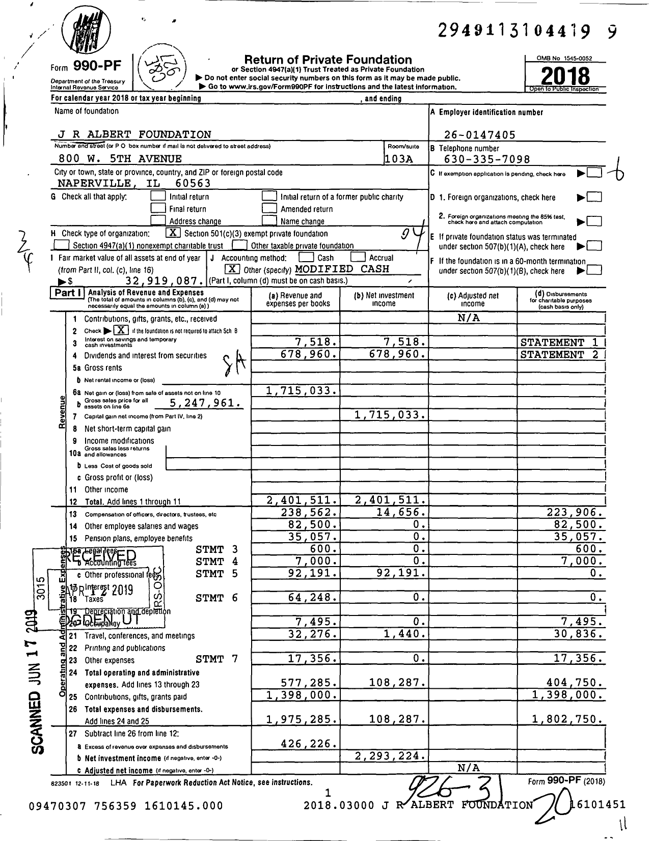 Image of first page of 2018 Form 990PF for J R Albert Foundation