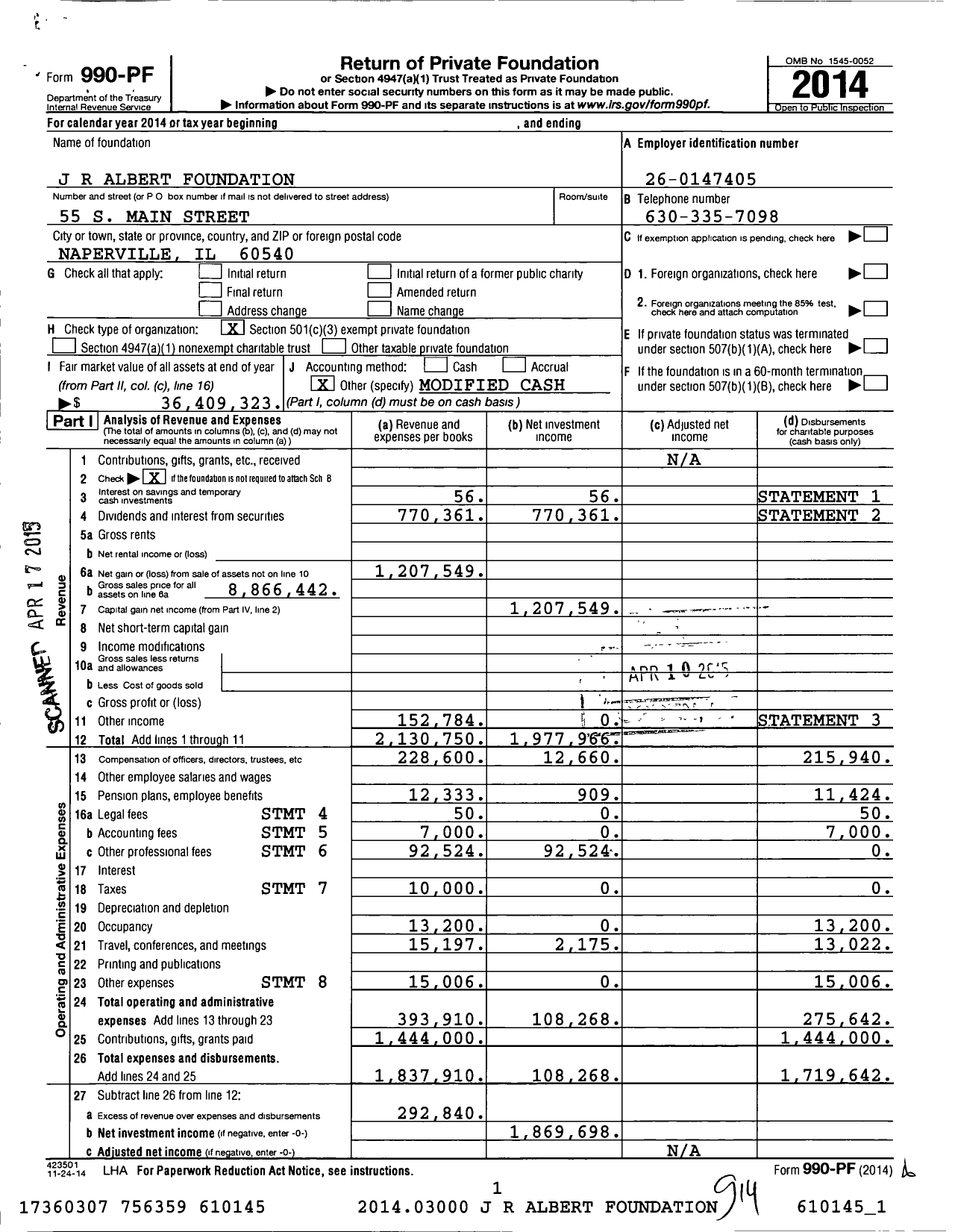 Image of first page of 2014 Form 990PF for J R Albert Foundation