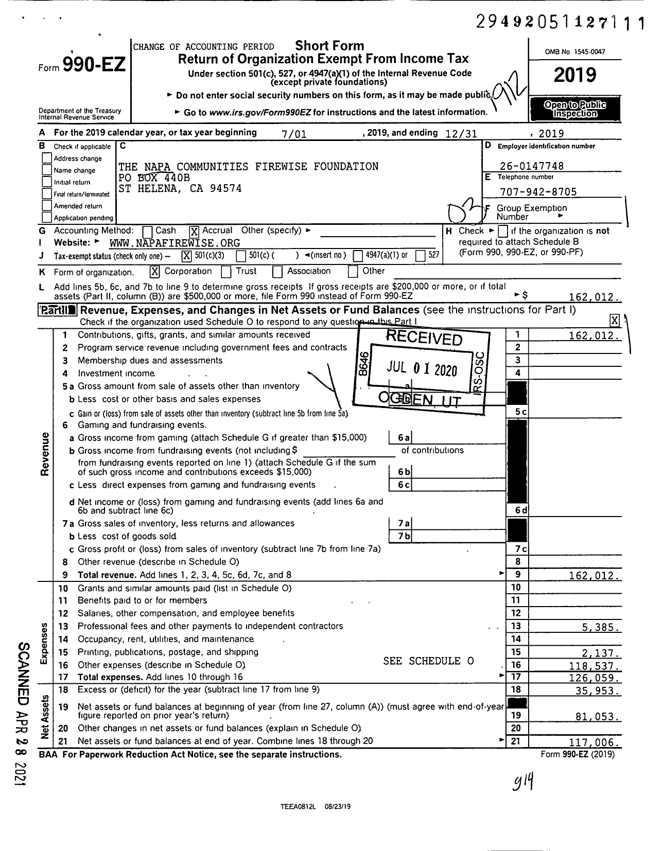 Image of first page of 2019 Form 990EZ for The Napa Communities Firewise Foundation