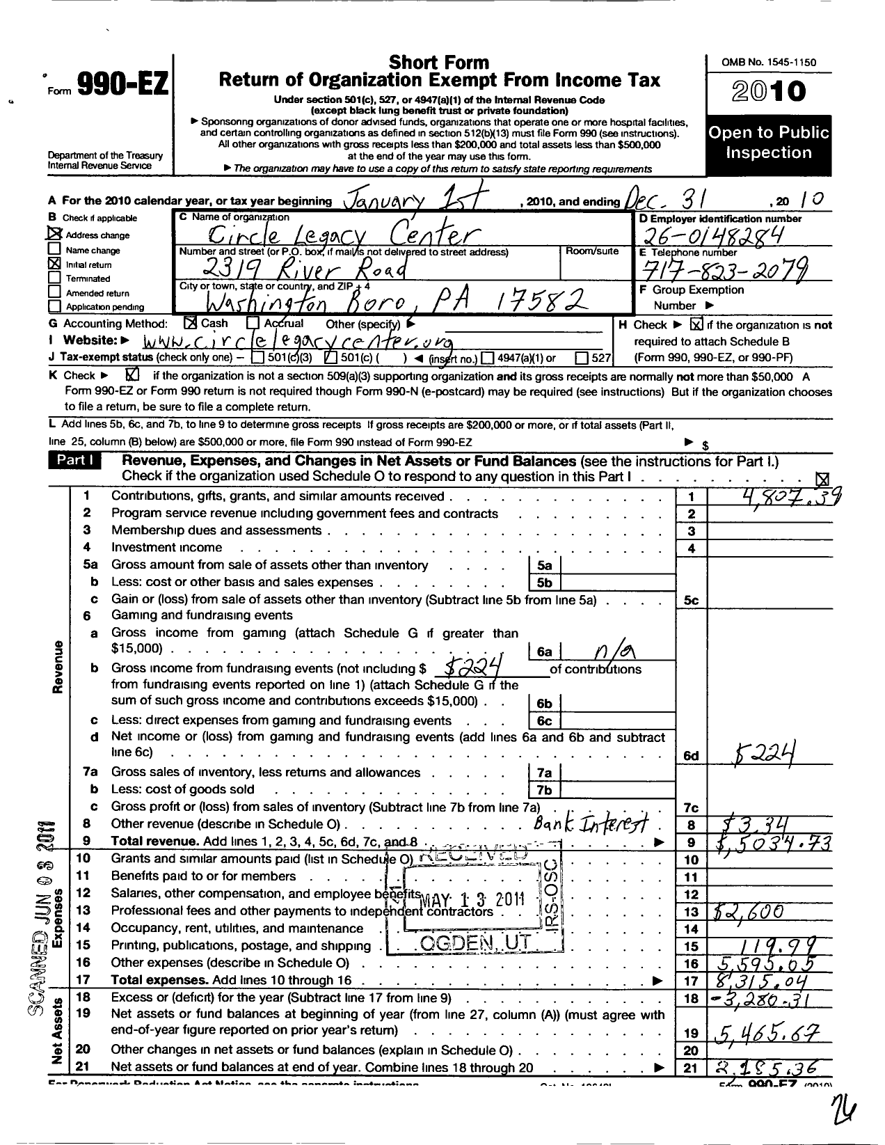 Image of first page of 2010 Form 990EO for Circle Legacy Center
