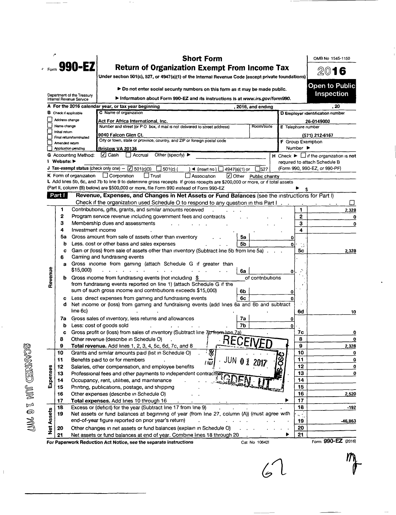 Image of first page of 2016 Form 990EZ for Act for Africa International