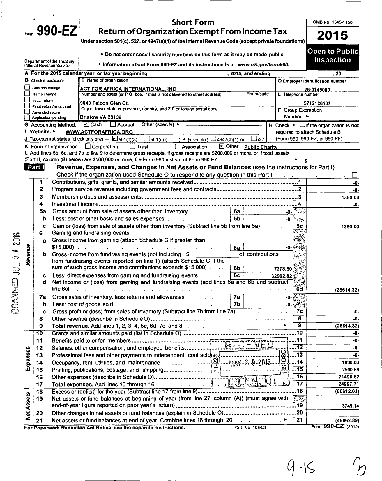 Image of first page of 2015 Form 990EZ for Act for Africa International