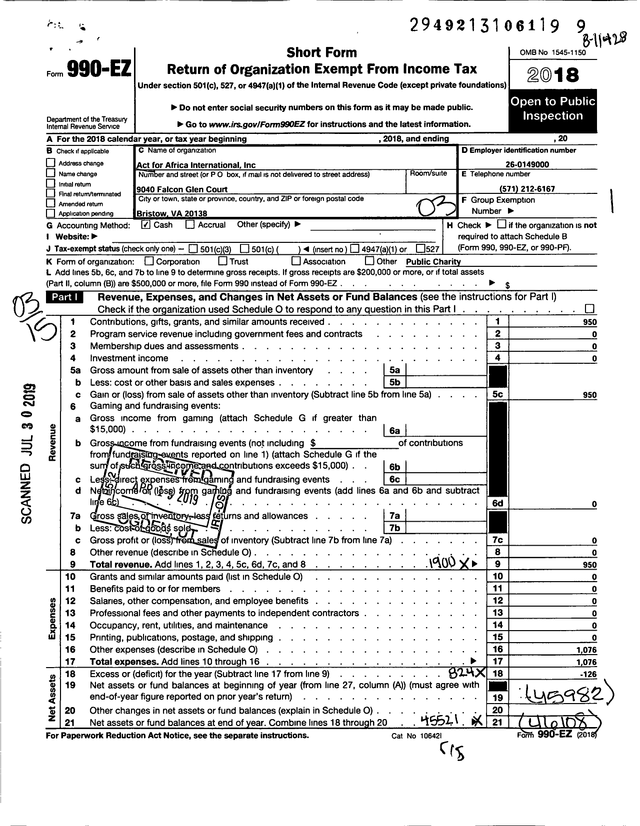 Image of first page of 2018 Form 990EZ for Act for Africa International