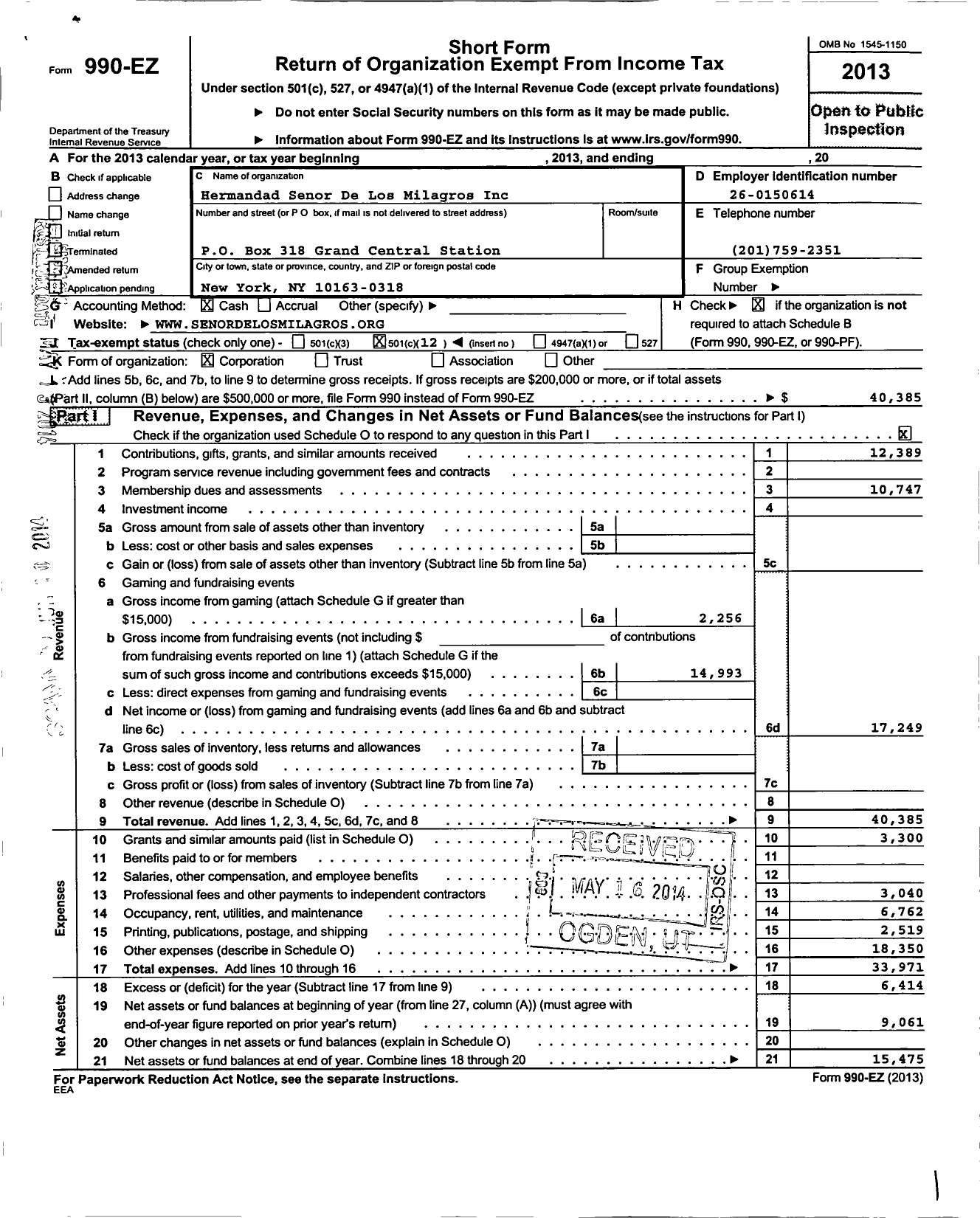 Image of first page of 2013 Form 990EO for Hermandad Senor de Los Milagros