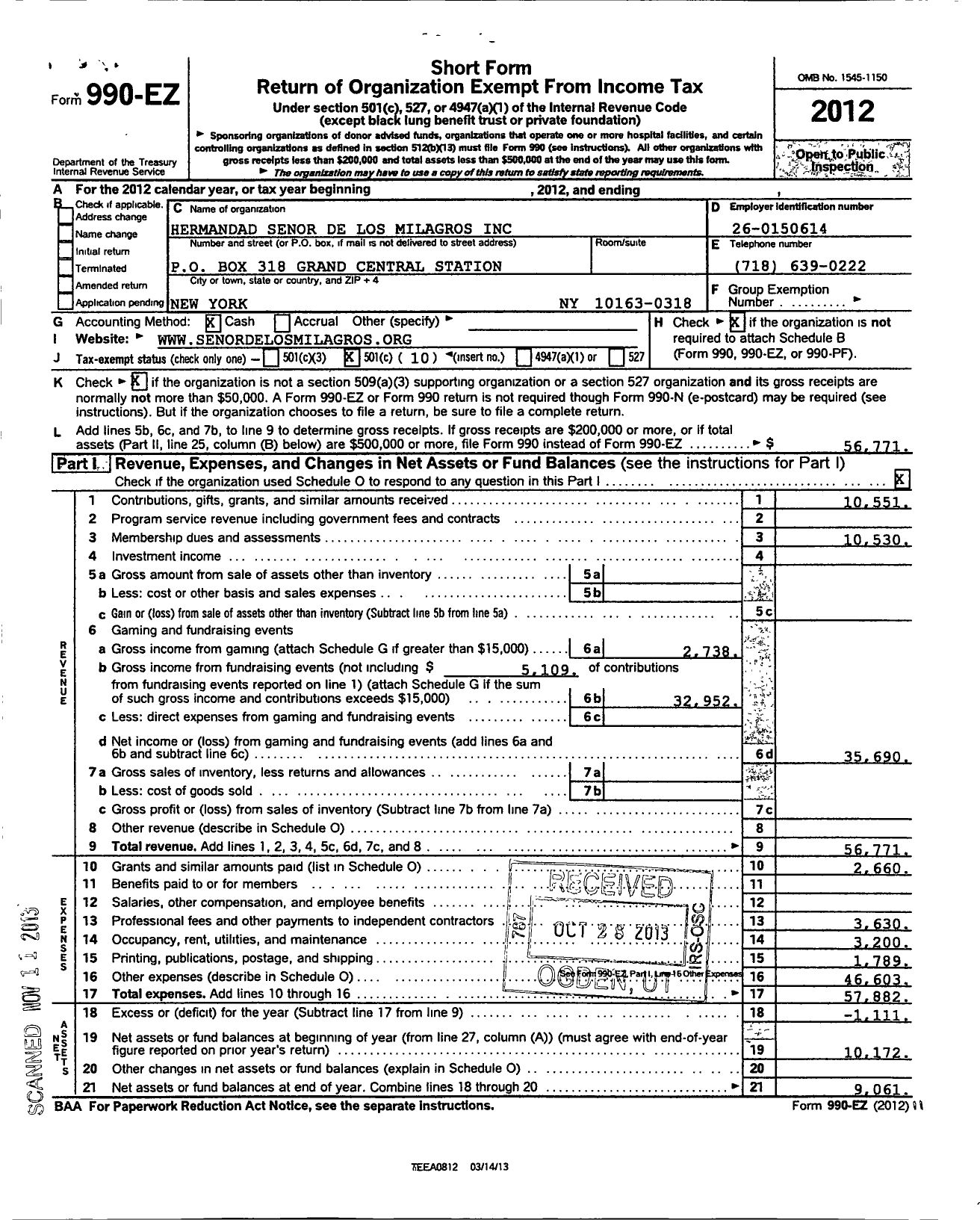 Image of first page of 2012 Form 990EO for Hermandad Senor de Los Milagros