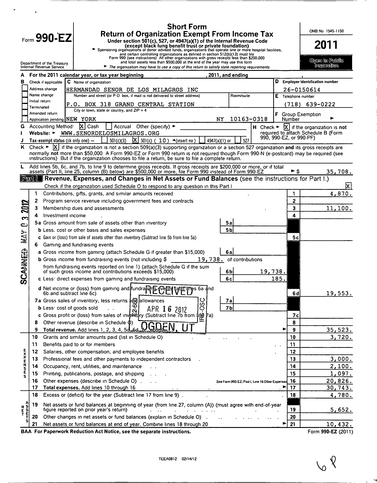 Image of first page of 2011 Form 990EO for Hermandad Senor de Los Milagros