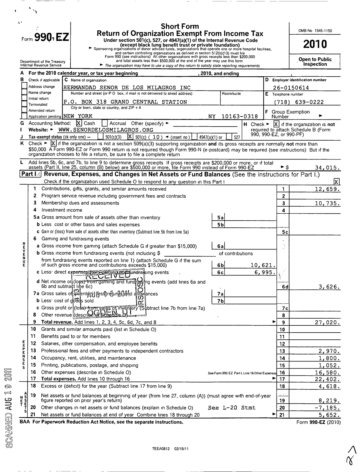 Image of first page of 2010 Form 990EO for Hermandad Senor de Los Milagros