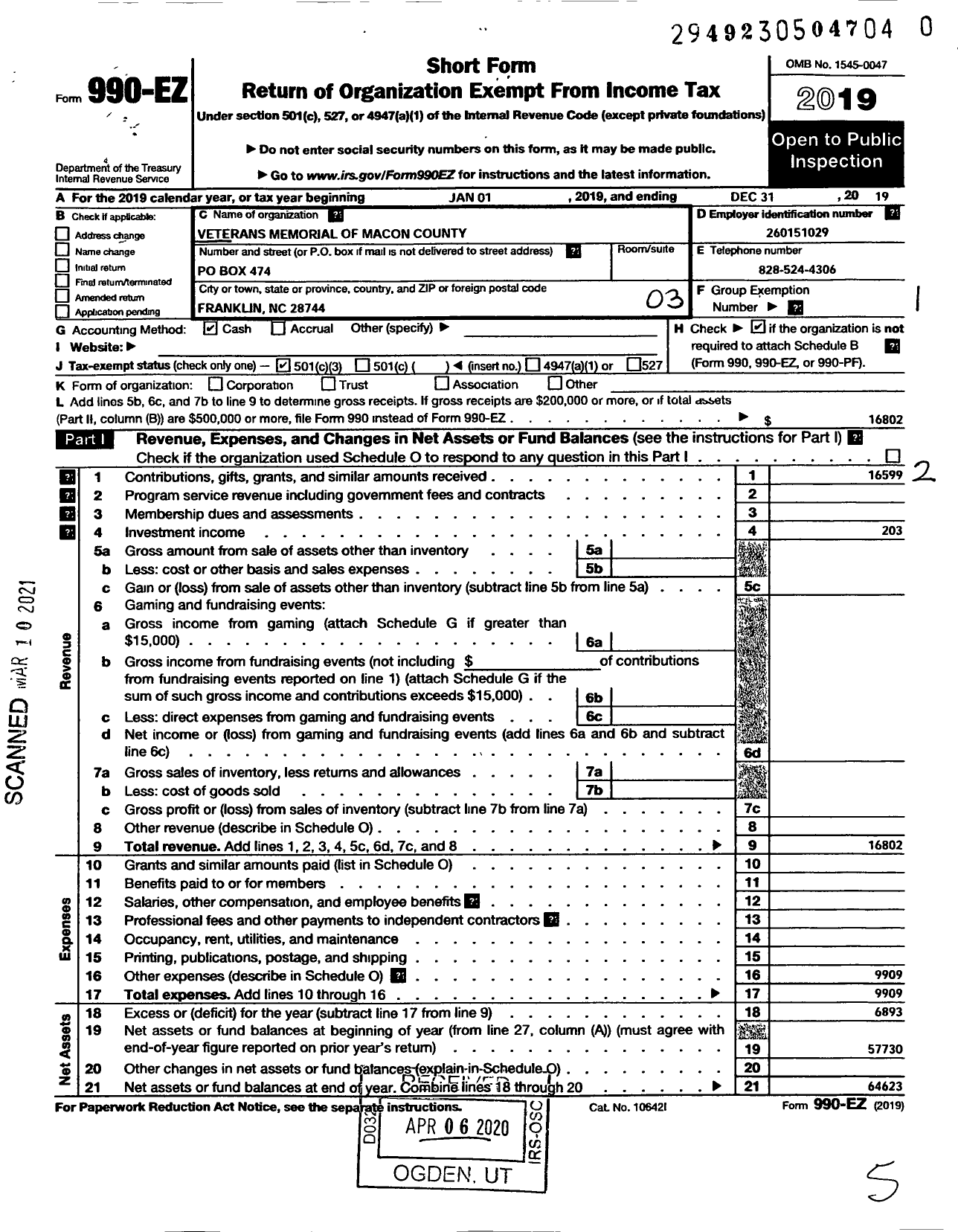 Image of first page of 2019 Form 990EZ for Veterans Memorial of Macon County