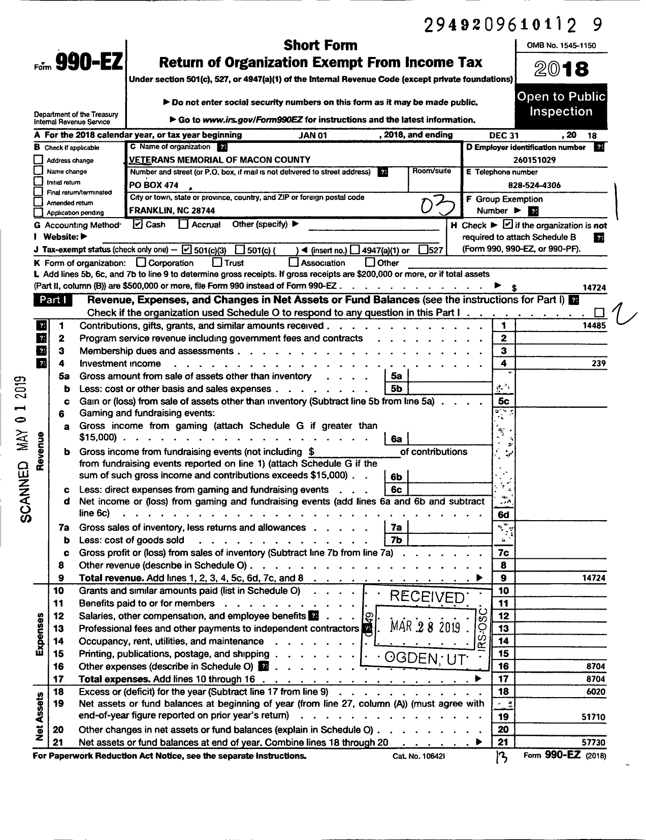 Image of first page of 2018 Form 990EZ for Veterans Memorial of Macon County