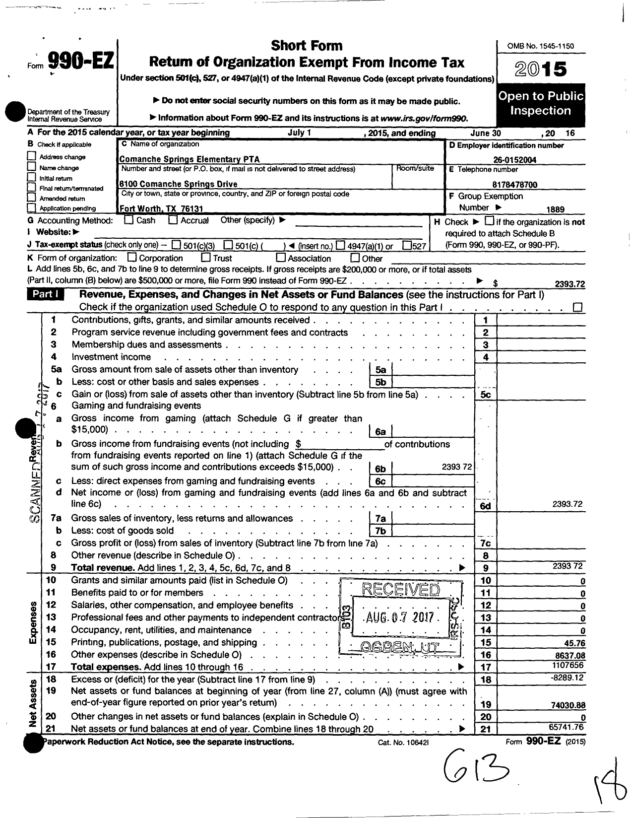 Image of first page of 2015 Form 990EO for Texas PTA - 11798 Comanche Springs Elem PTA