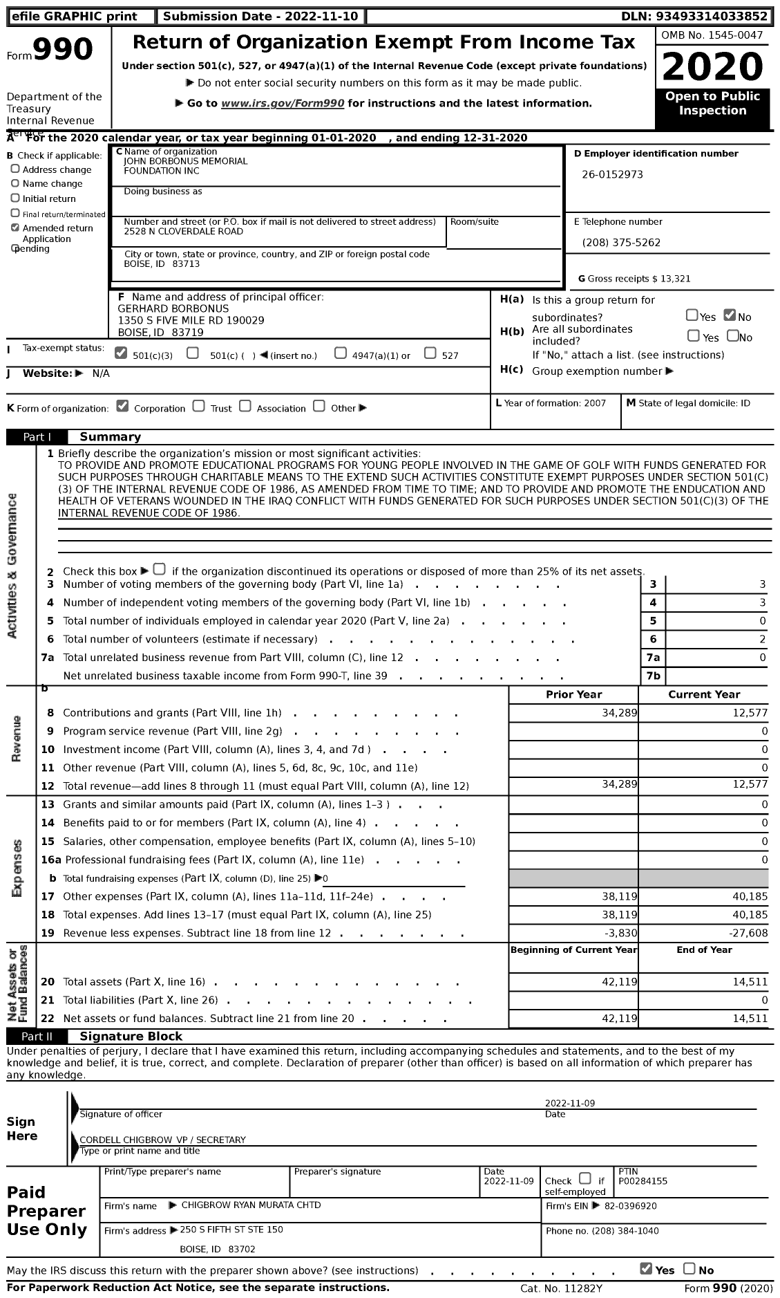Image of first page of 2020 Form 990 for John Borbonus Memorial Foundation
