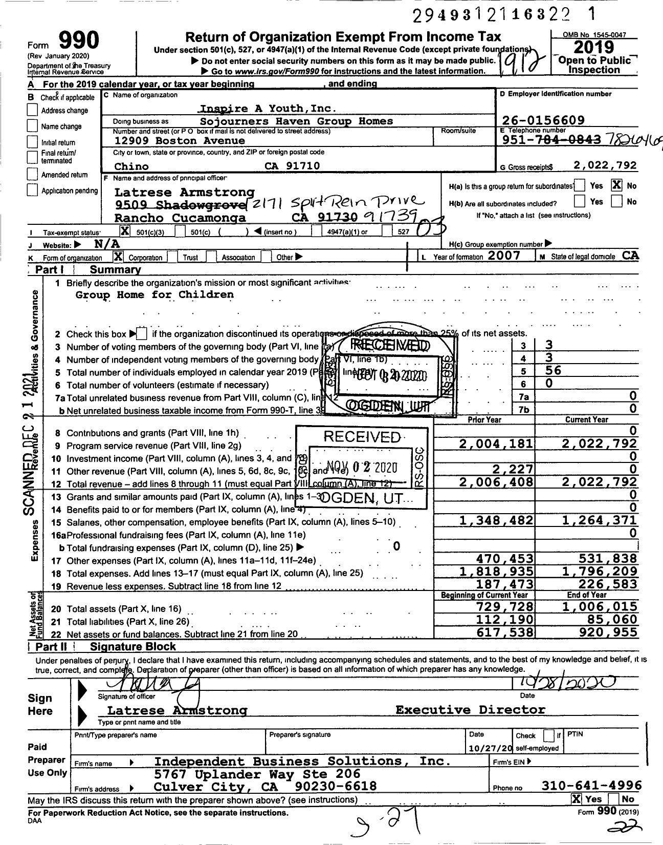 Image of first page of 2019 Form 990 for Inspire A Youth