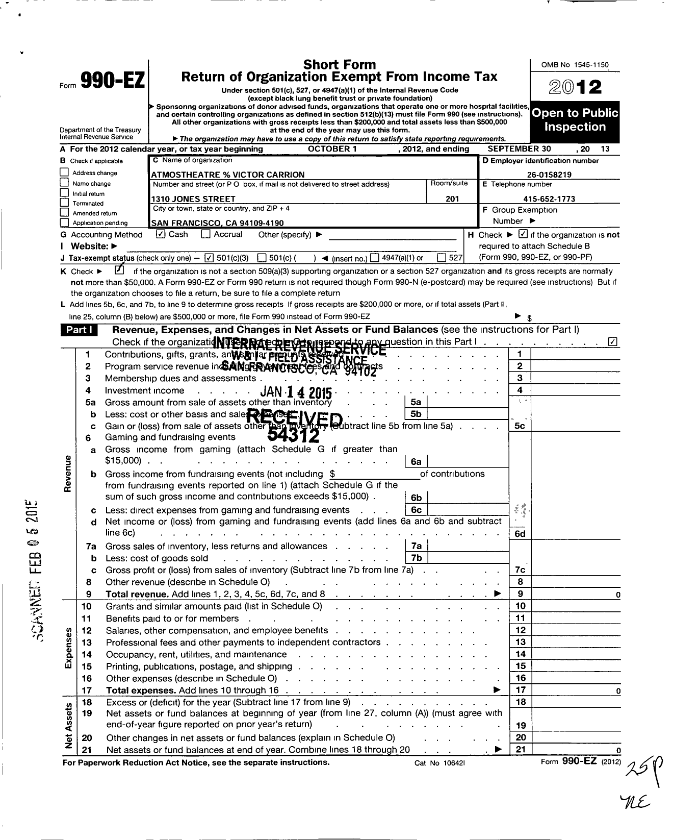 Image of first page of 2012 Form 990EZ for AtmosTheatre