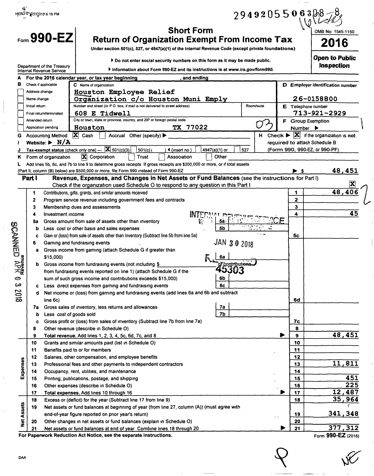 Image of first page of 2016 Form 990EZ for Houston Employer Relief Organization