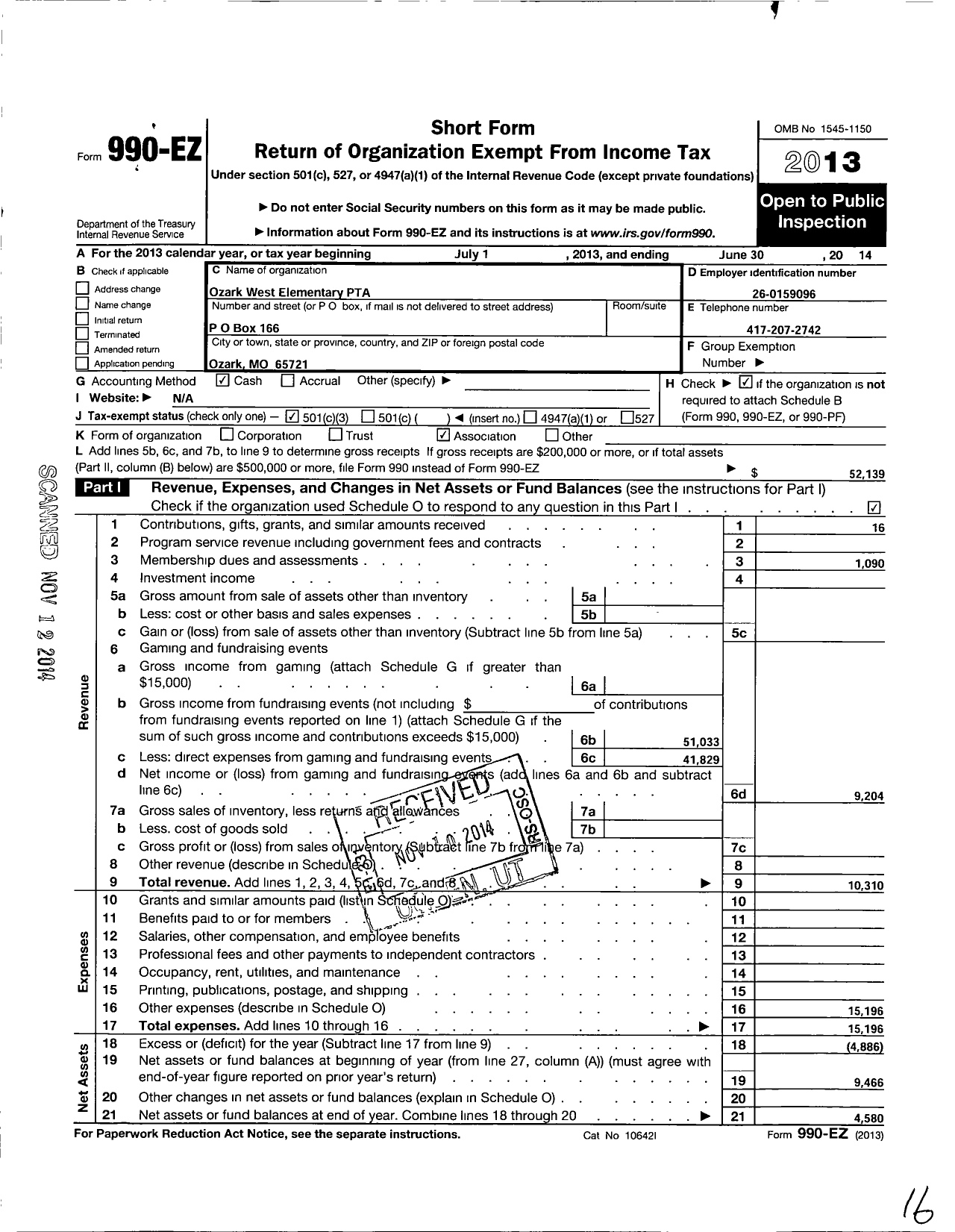 Image of first page of 2013 Form 990EZ for Ozark West Elementary PTA