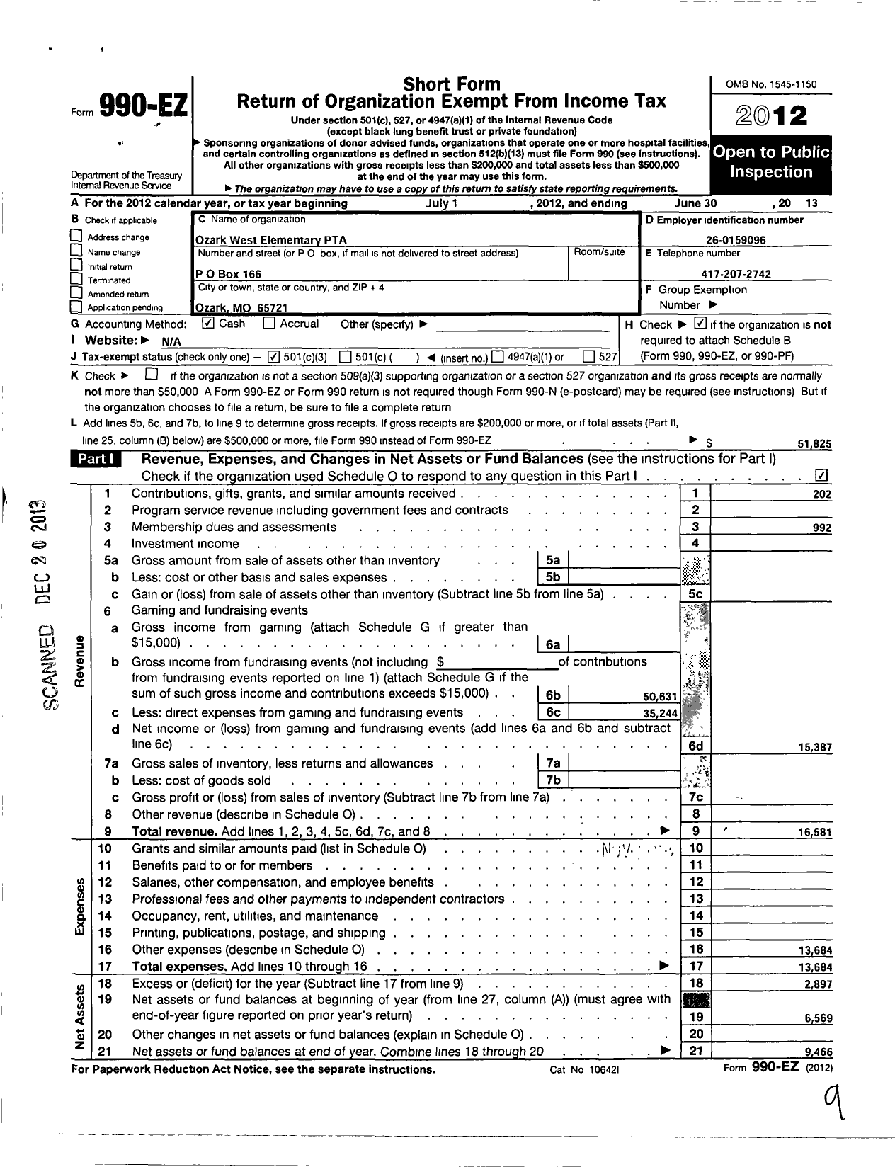 Image of first page of 2012 Form 990EZ for Ozark West Elementary PTA