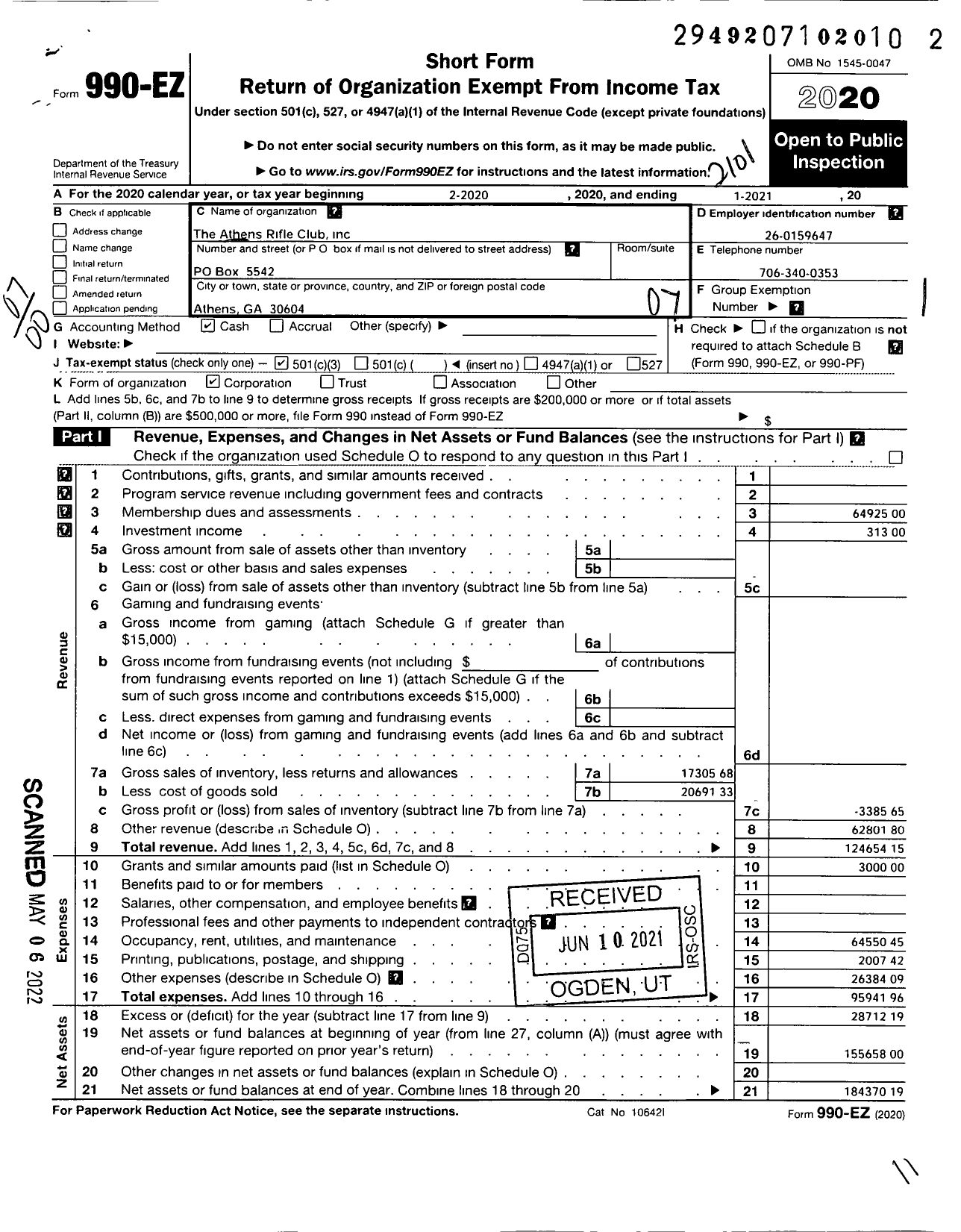 Image of first page of 2020 Form 990EO for Athens Rifle Club