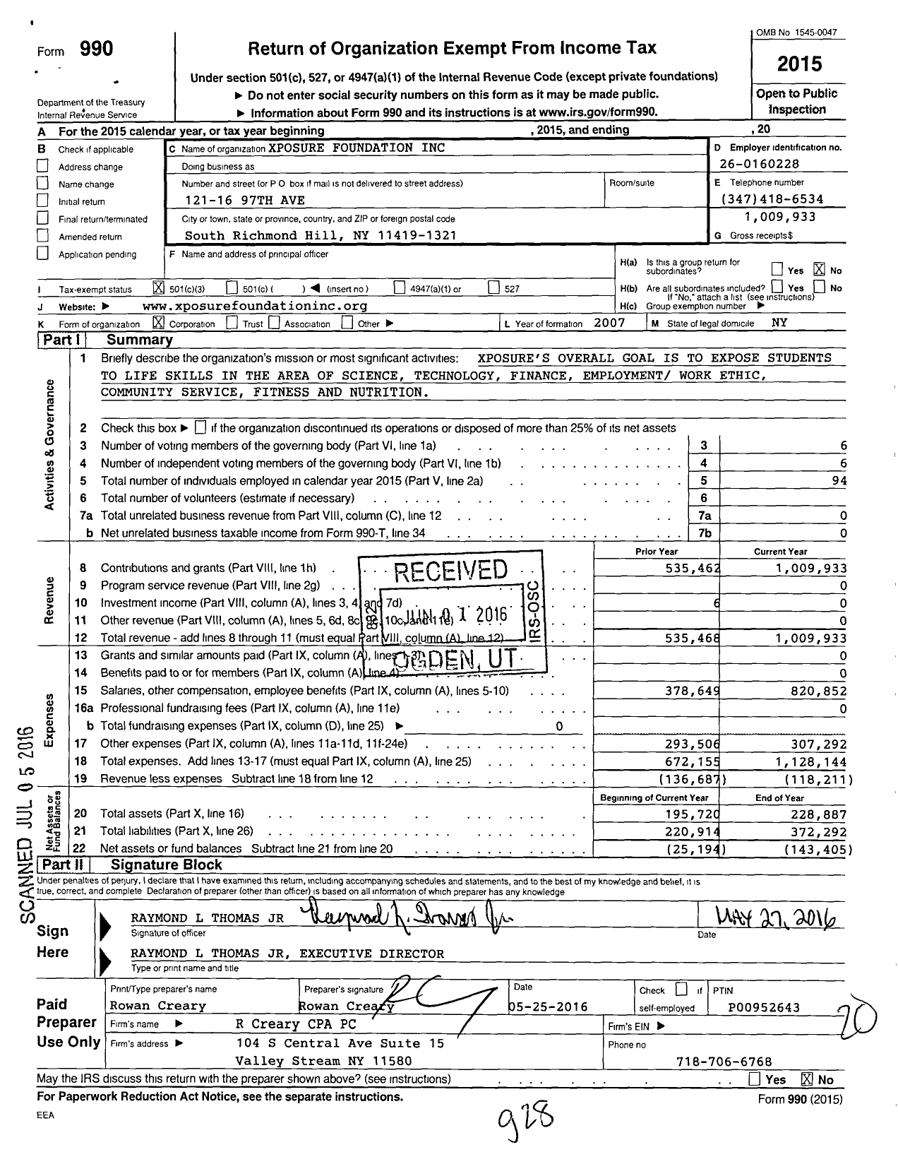 Image of first page of 2015 Form 990 for Xposure Foundation